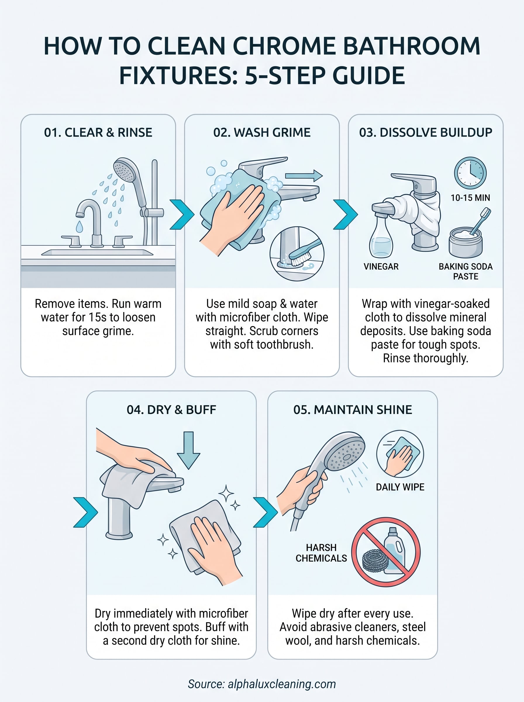 how to clean chrome bathroom fixtures infographic
