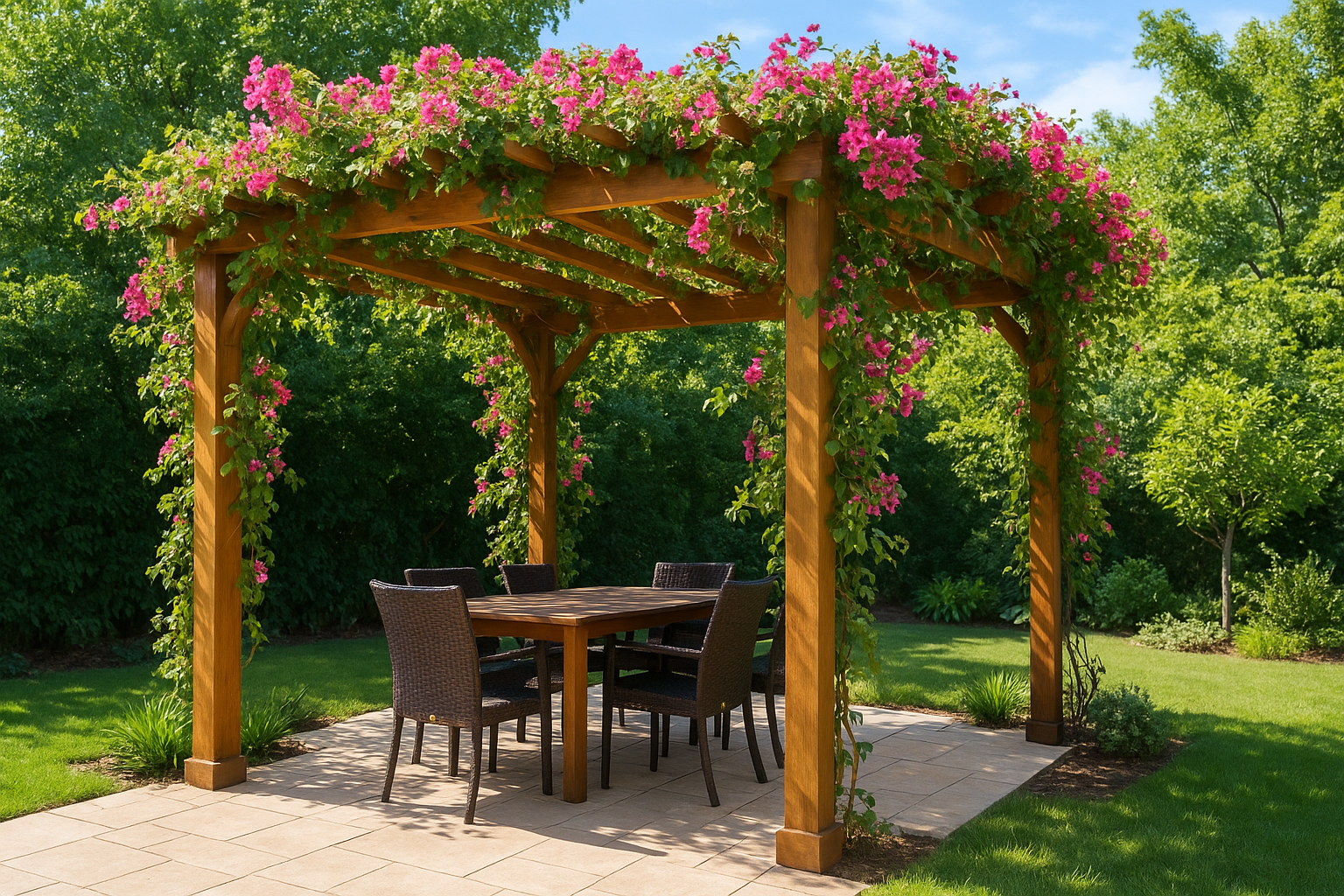 1. Custom-built pergola with climbing plants