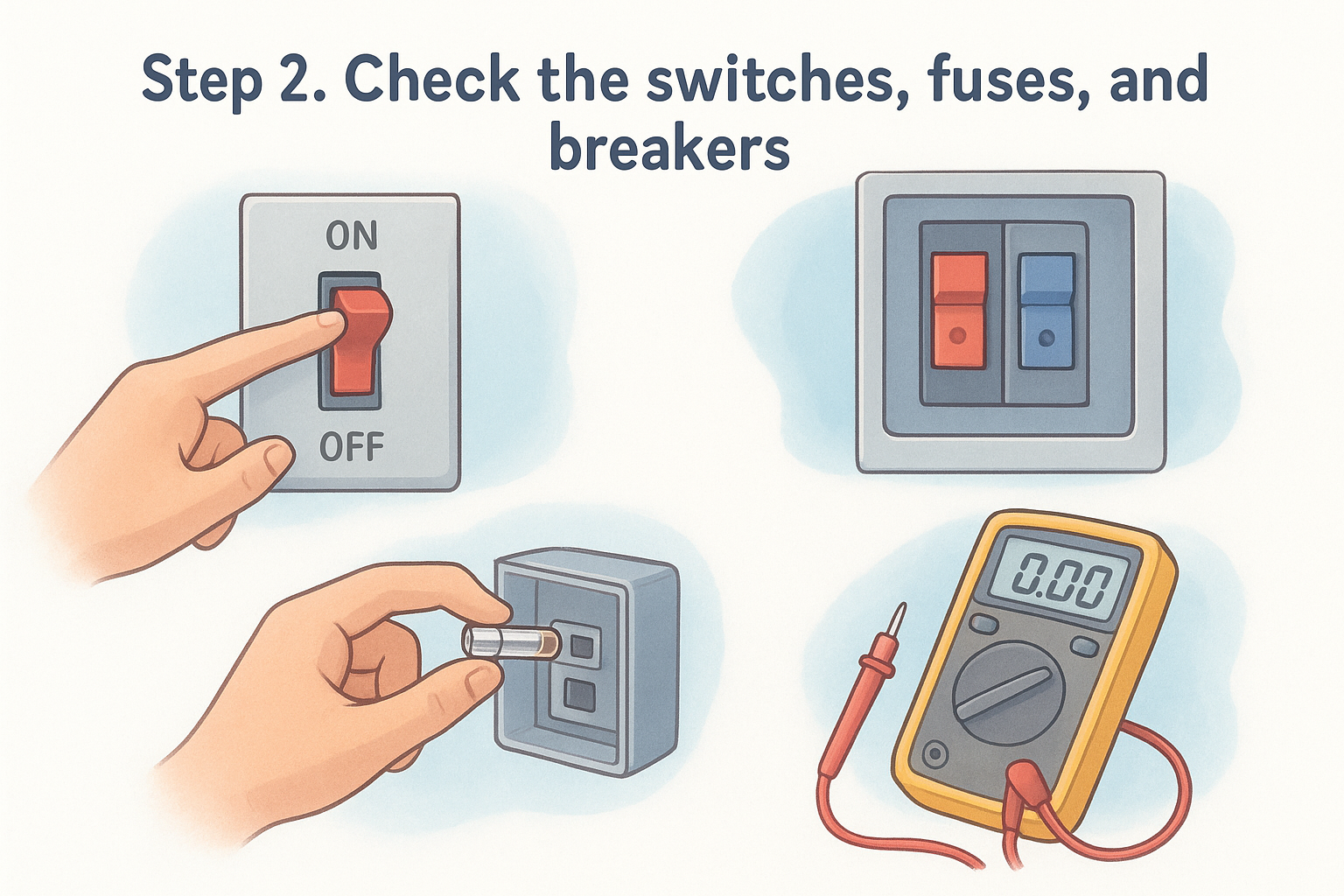 Step 2. Check the switches, fuses, and breakers
