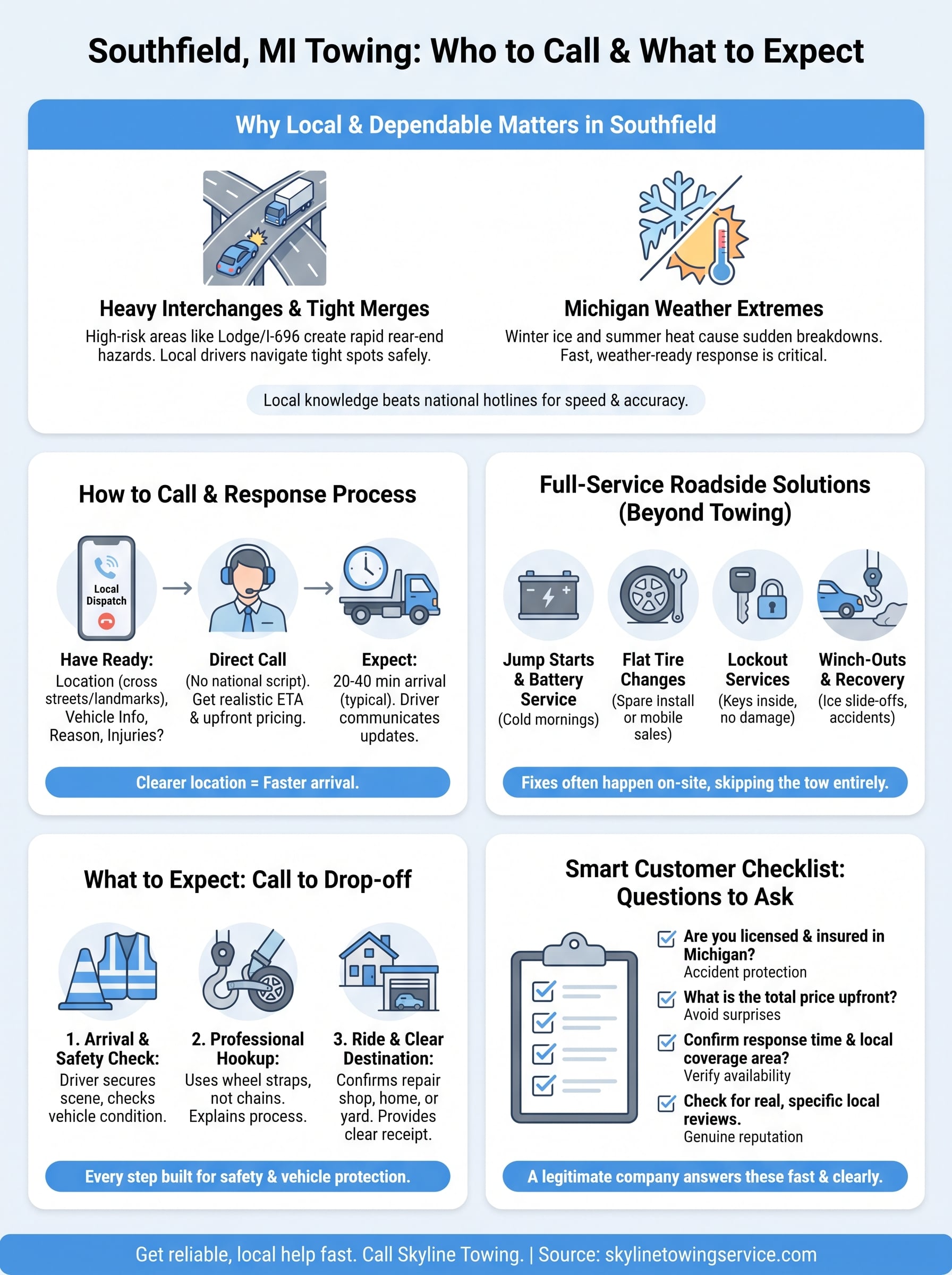 Towing Service in Southfield, MI: Who to Call & What to Expect towing service southfield mi infographic