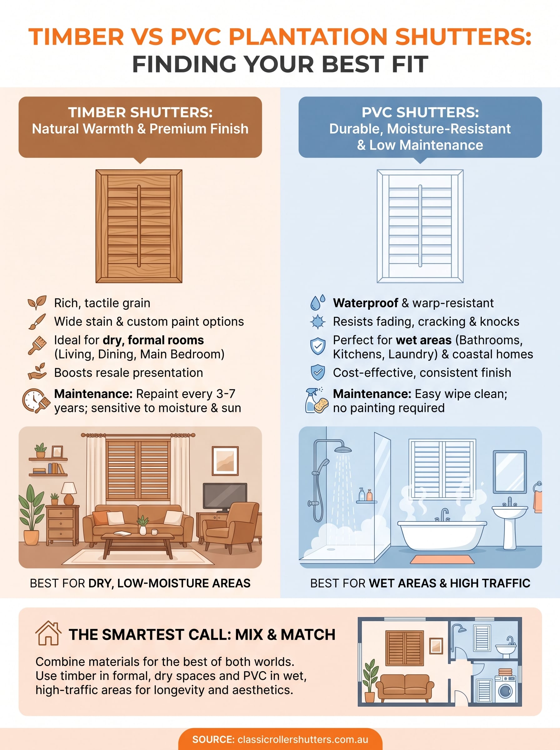 timber vs pvc plantation shutters infographic
