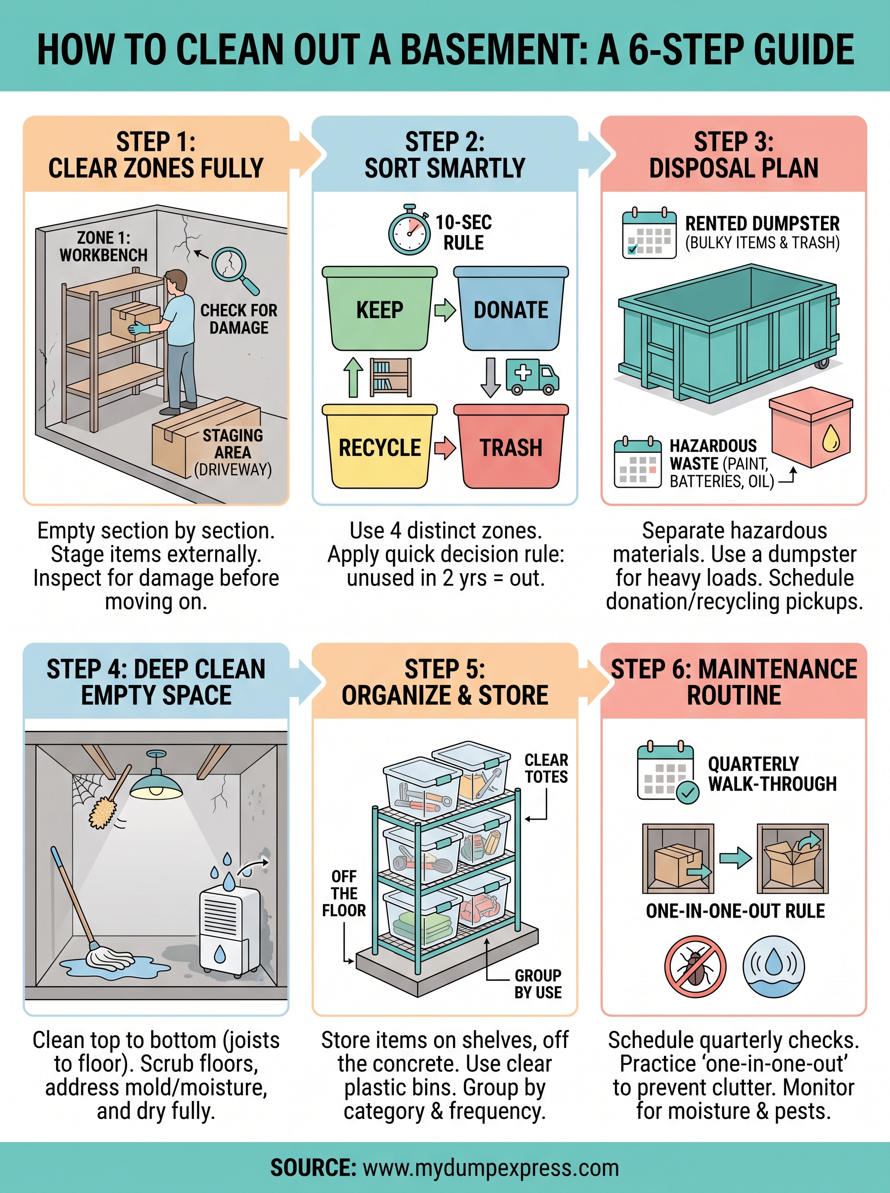 how to clean out a basement infographic