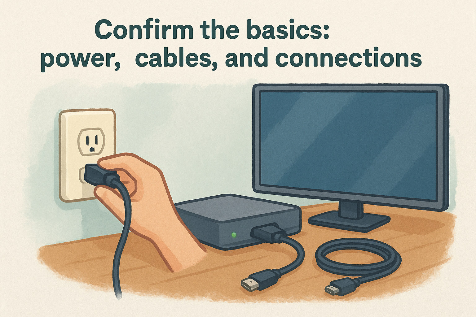Confirm the basics: power, cables, and connections