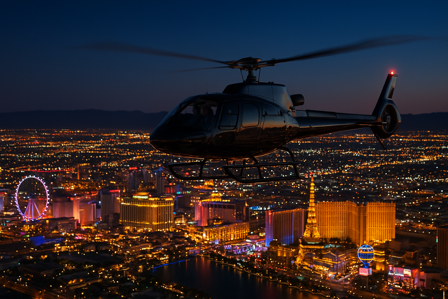 7. Fly over the neon skyline on a helicopter night tour