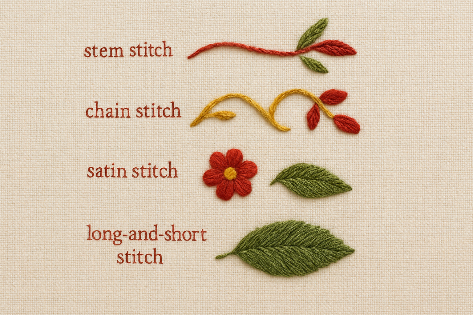 Common crewel stitches and what they create