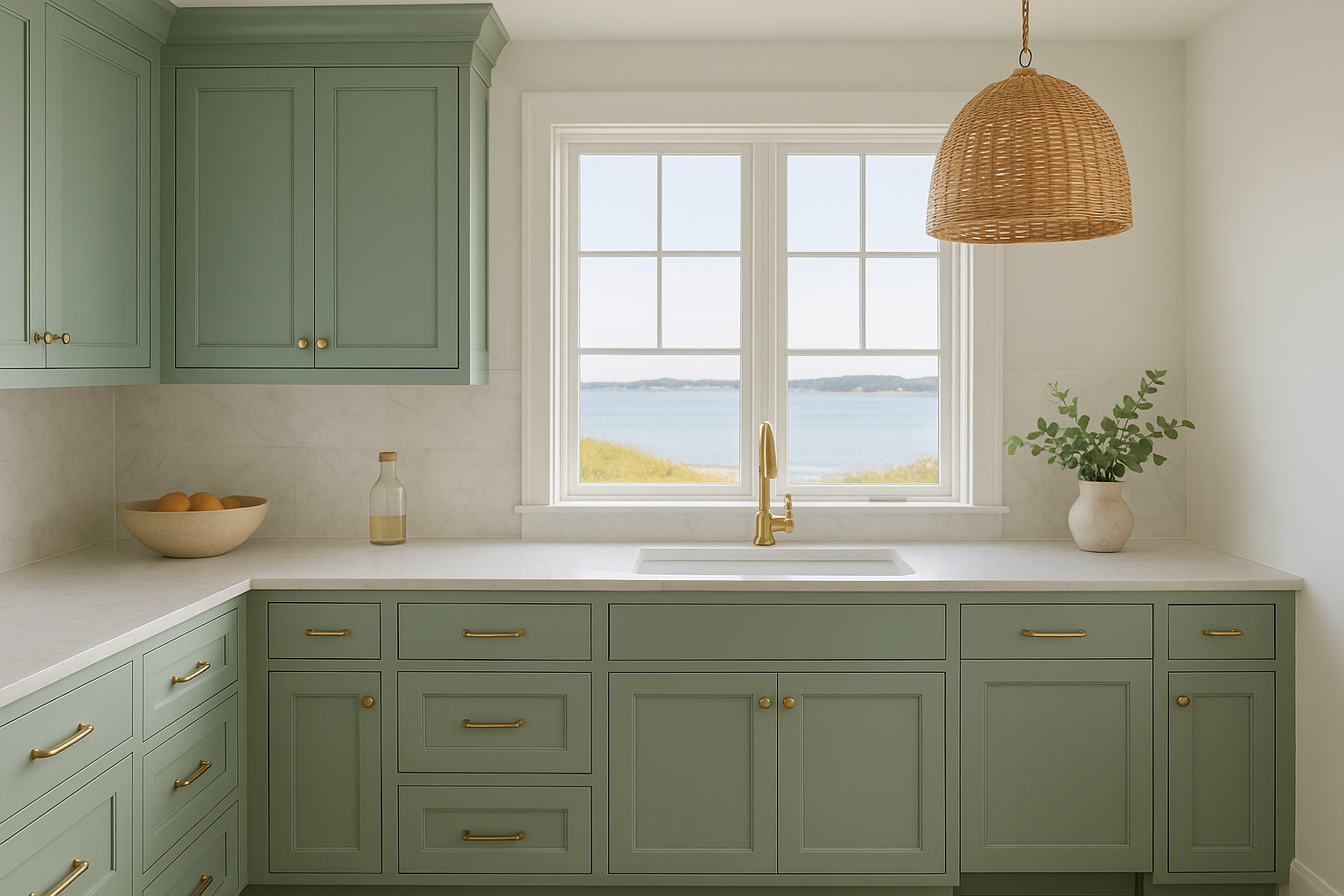 1. Soft sage cabinets for an airy coastal kitchen