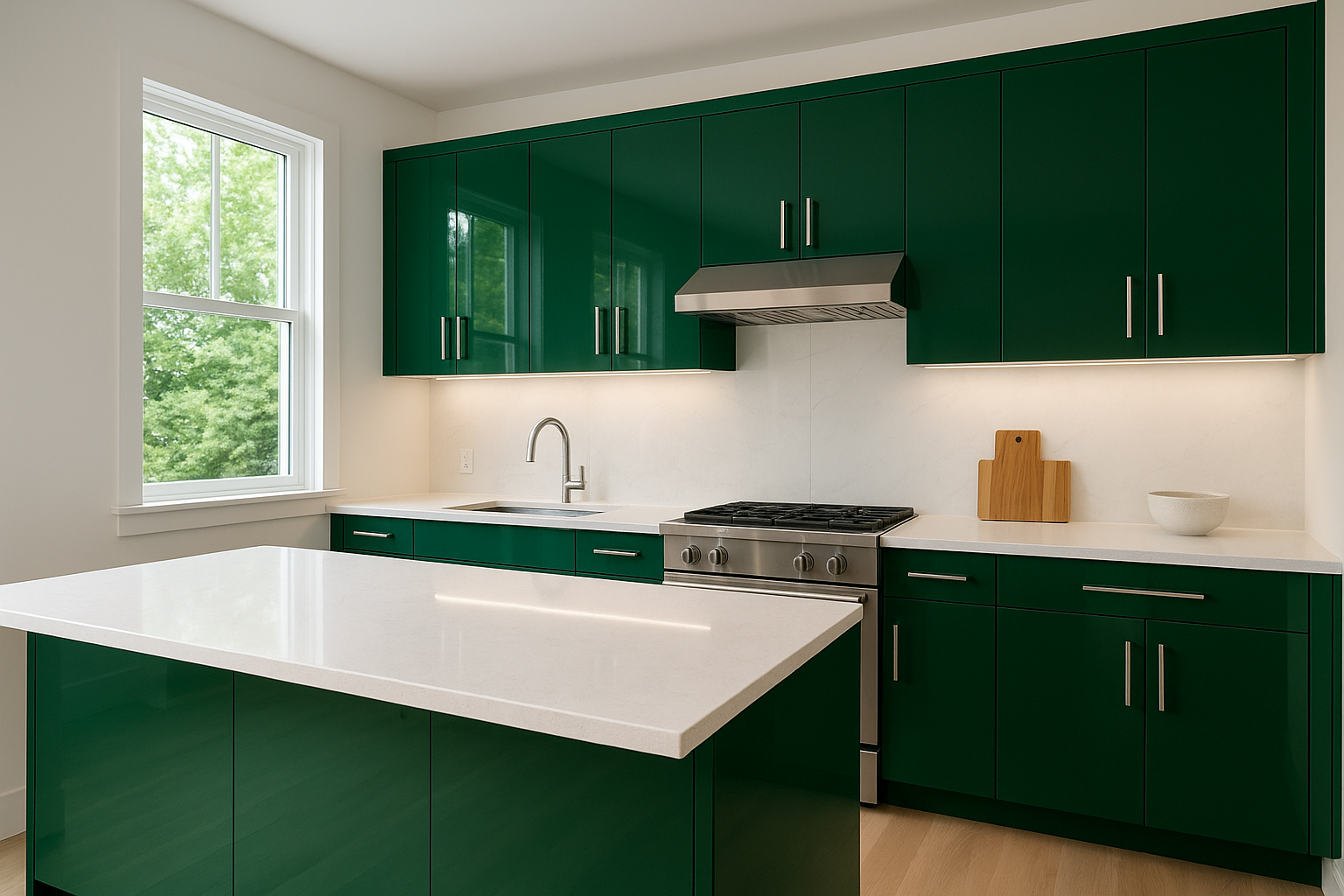 5. High-gloss emerald cabinets for a modern edge