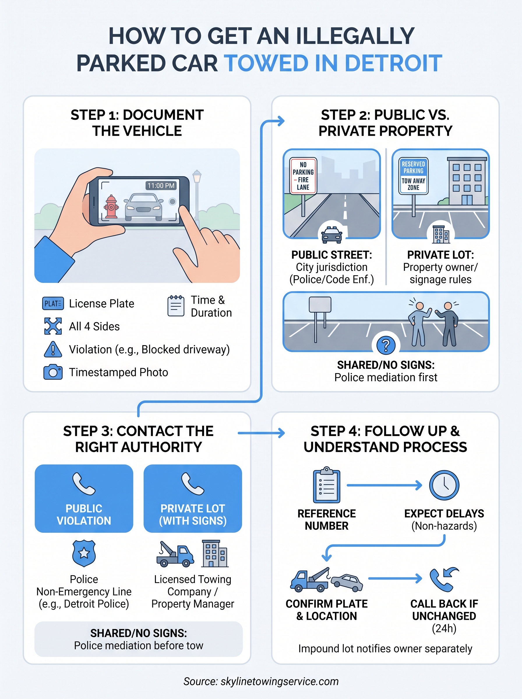 How to Get an Illegally Parked Car Towed in Detroit how to get an illegally parked car towed infographic