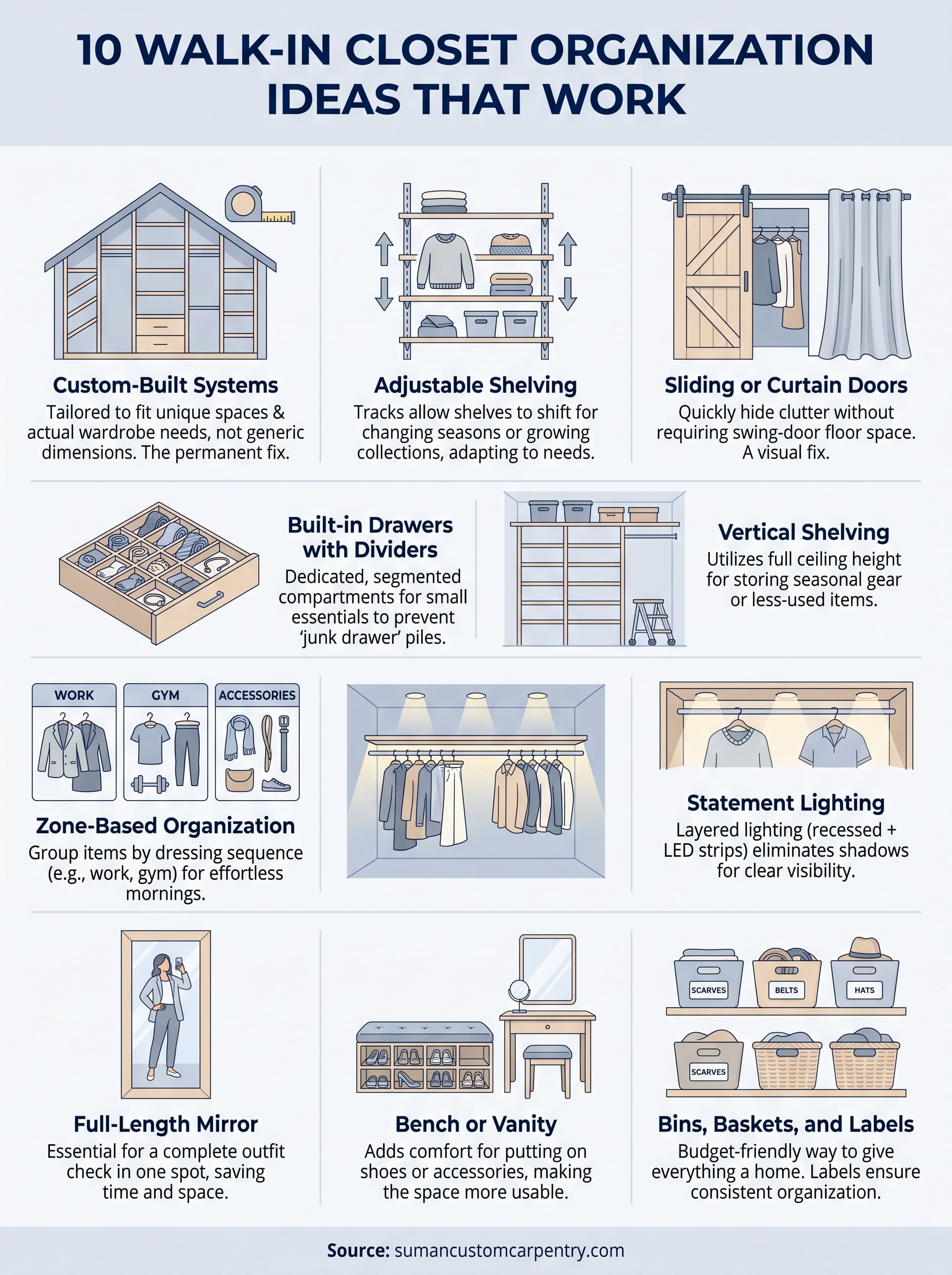 walk in closet organization ideas infographic