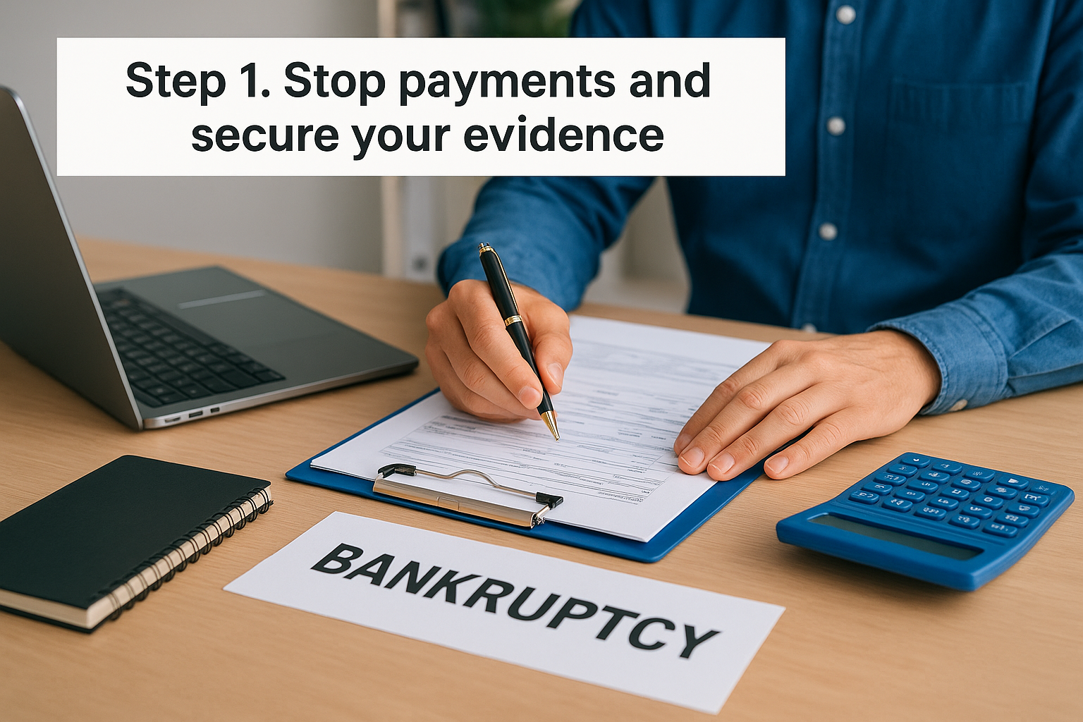 Your Contract Partner’s Bankruptcy: Consequences and Actions 1 Step 1. Stop payments and secure your evidence