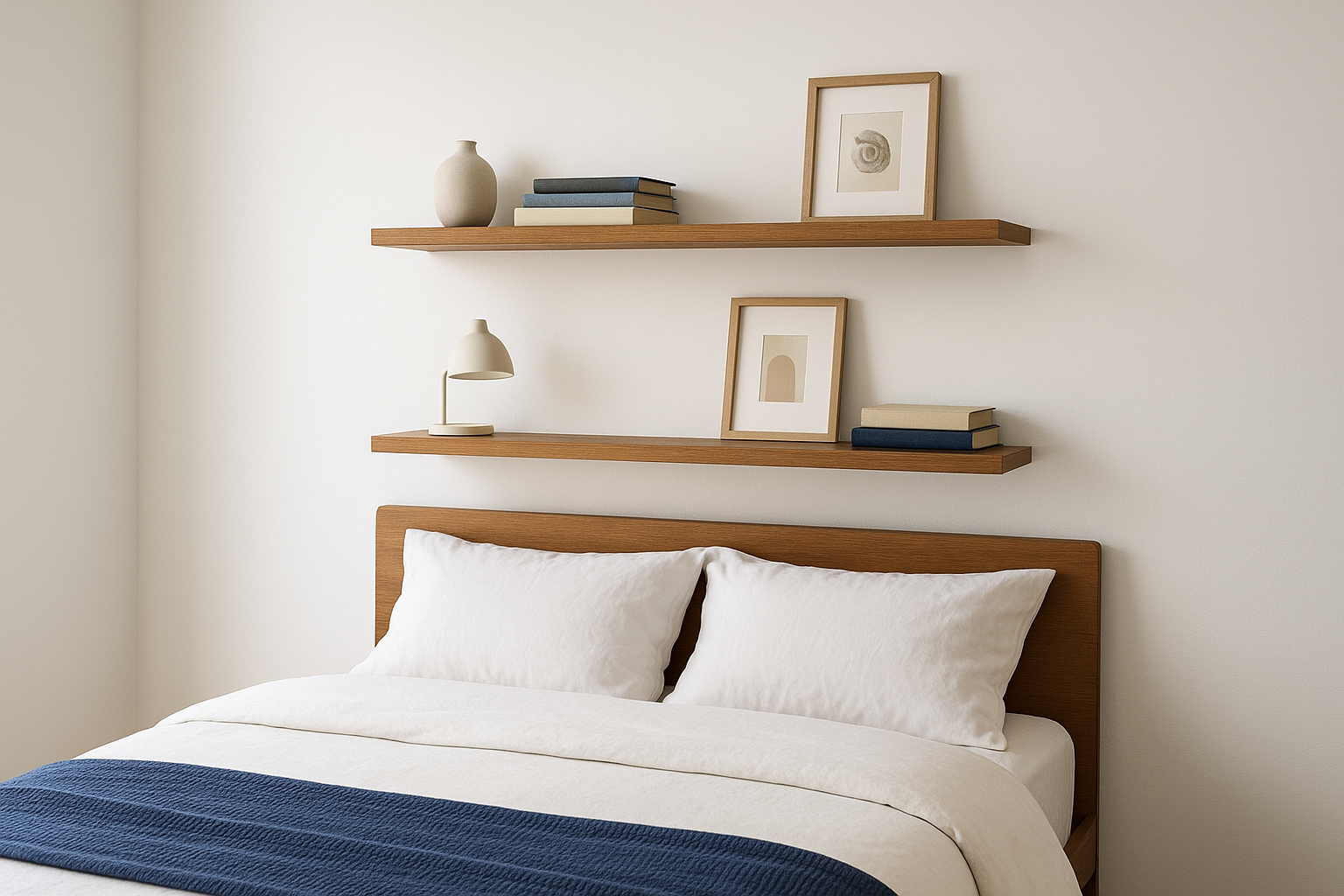 2. Floating shelves above the bed