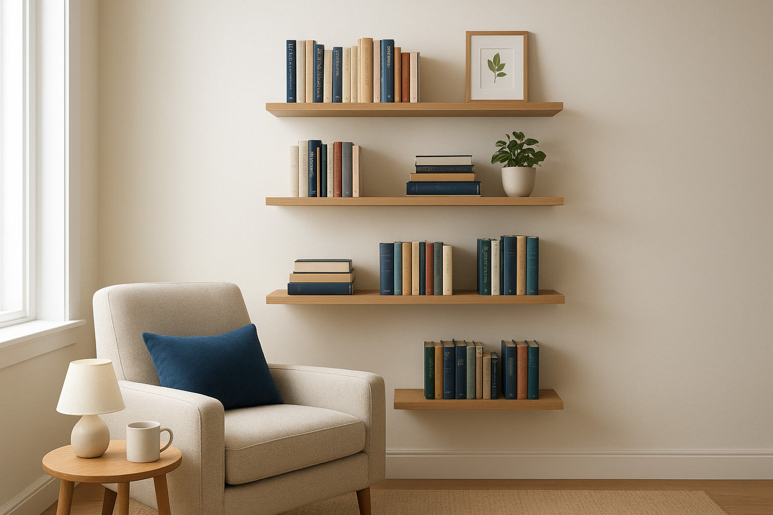5. A floating bookshelf wall for a reading nook