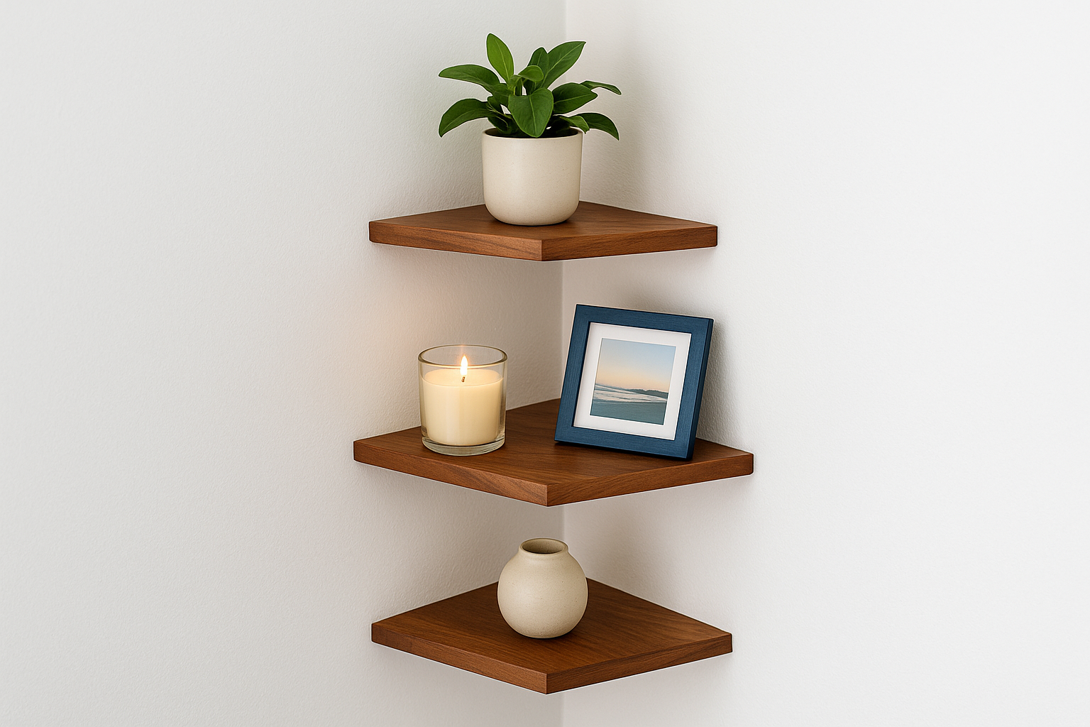 9. Corner floating shelves for tight spaces