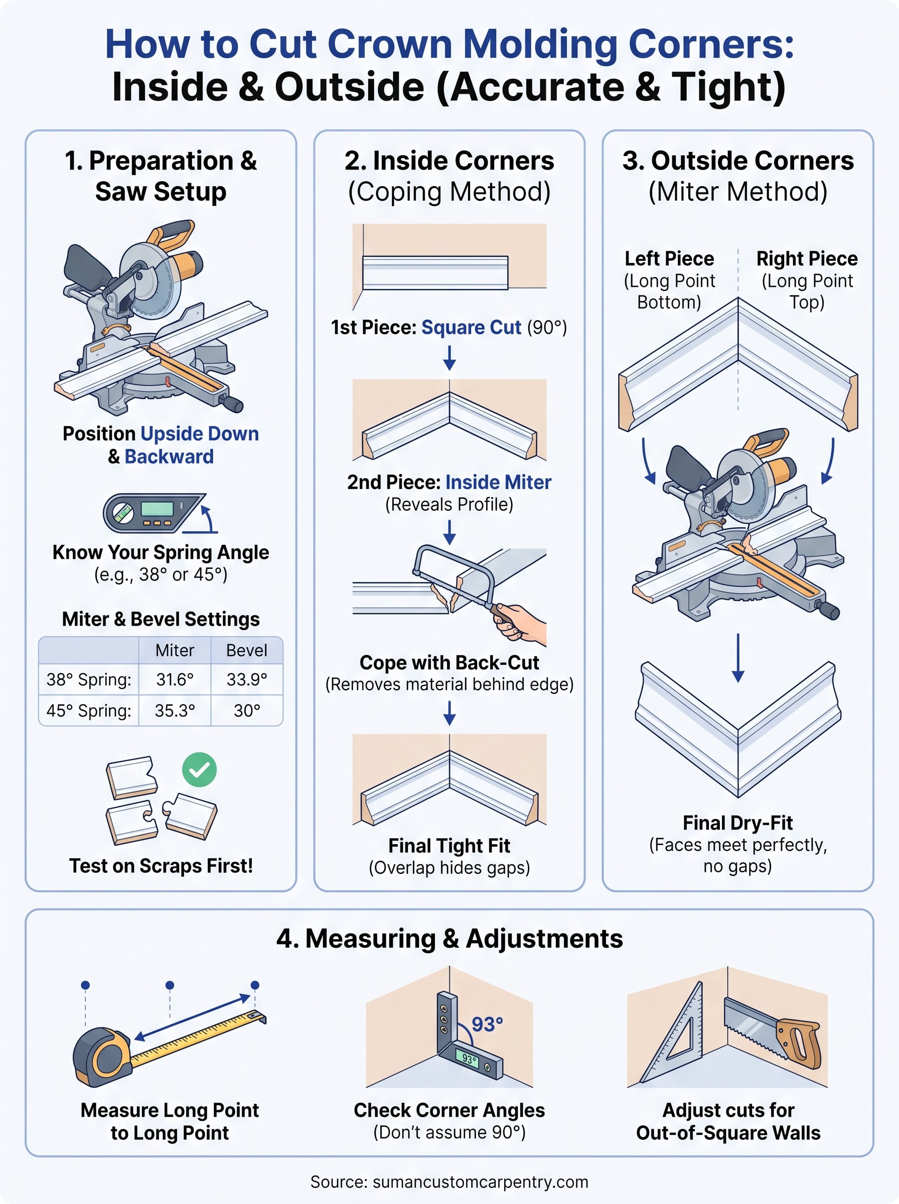 how to cut crown molding corners infographic