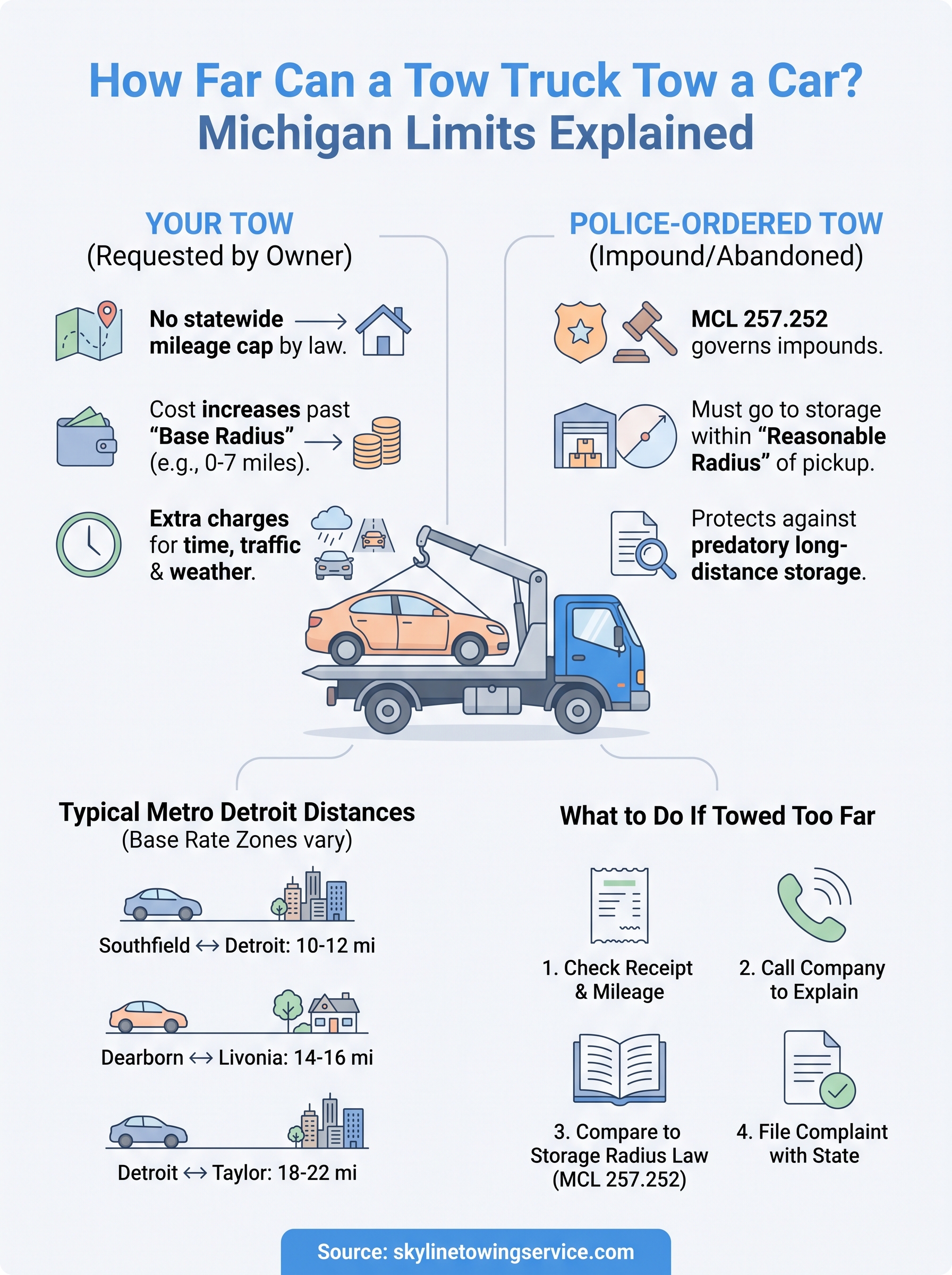 How Far Can a Tow Truck Tow a Car? Michigan Limits Explained how far can a tow truck tow a car infographic
