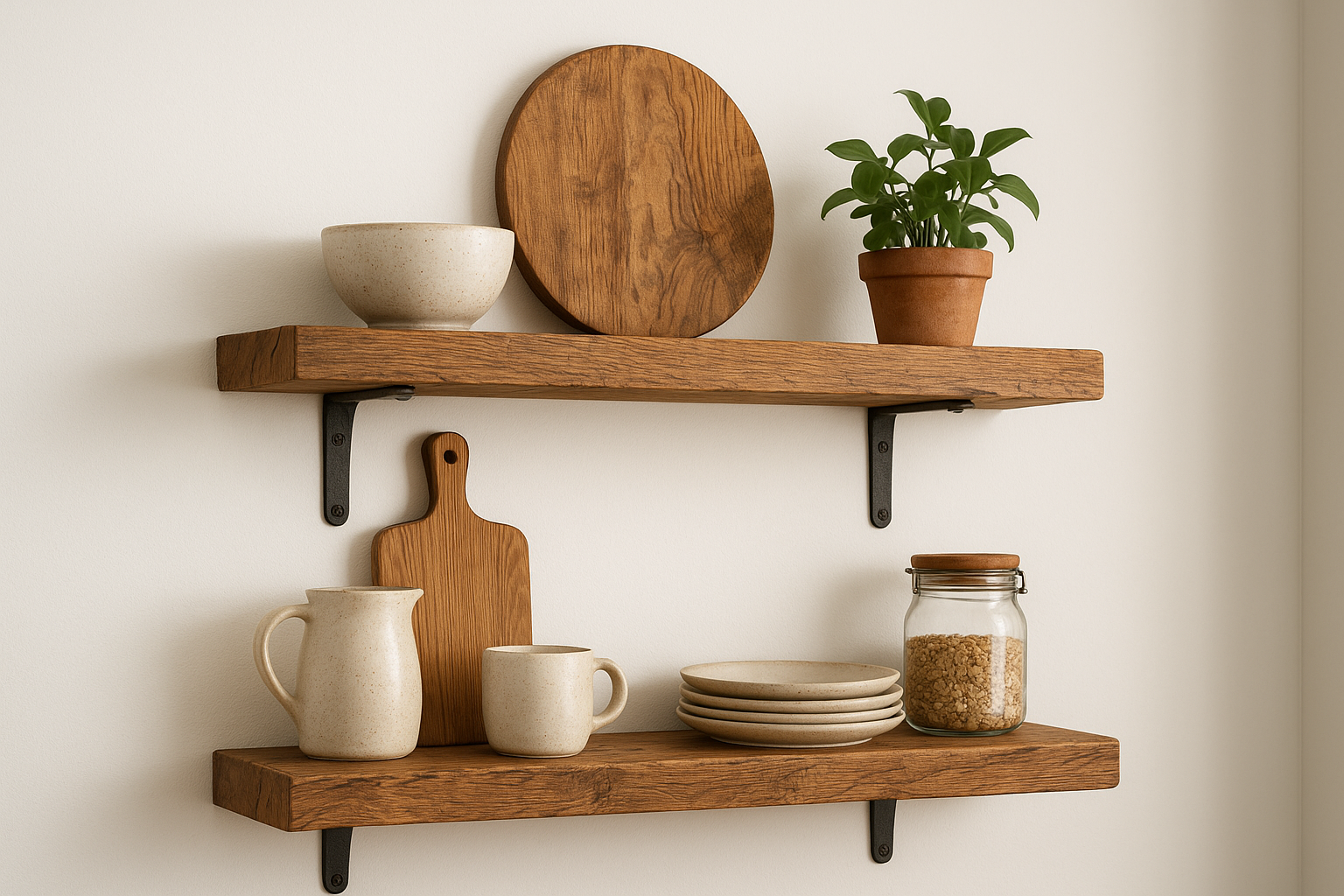 2. Rustic wood floating shelves