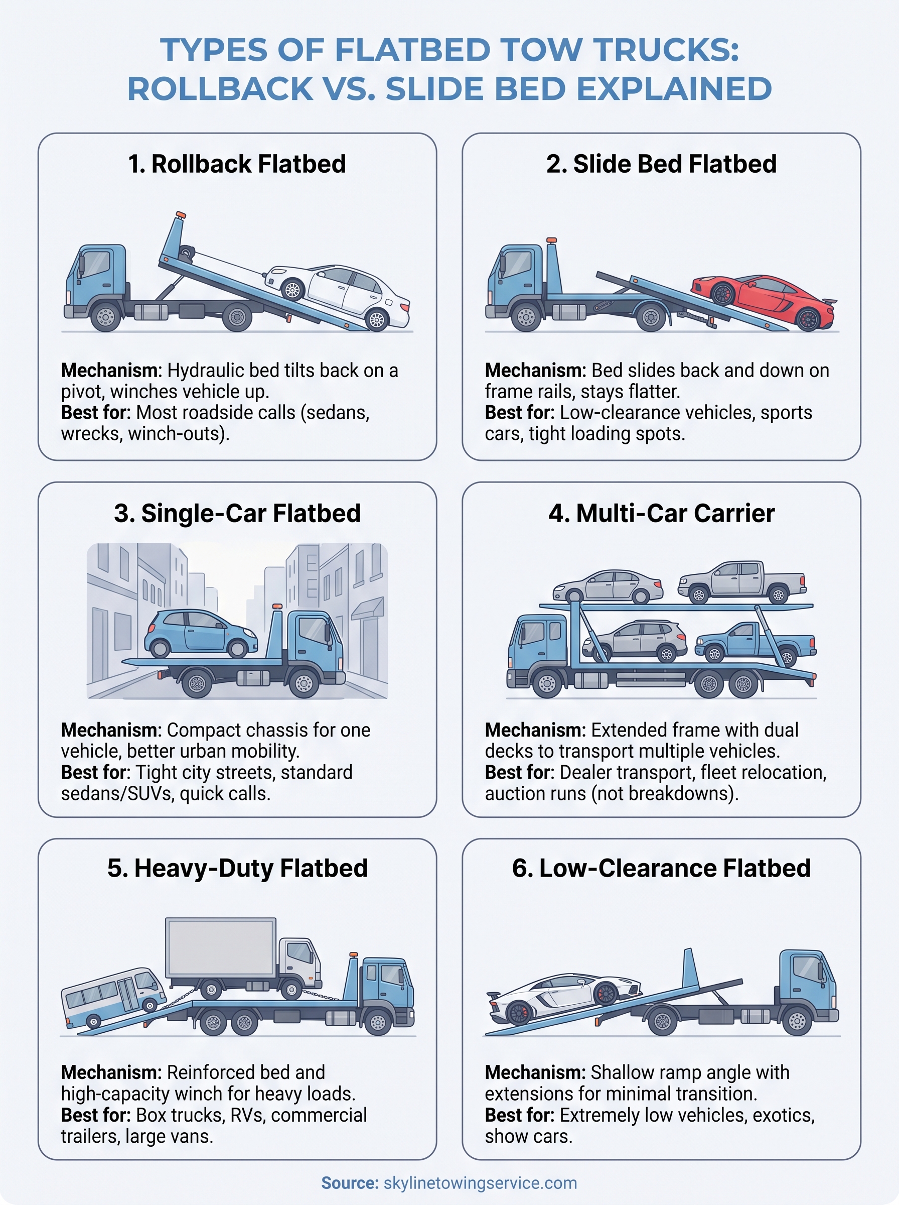 Types of Flatbed Tow Trucks: Rollback vs. Slide Bed Explained types of flatbed tow trucks infographic