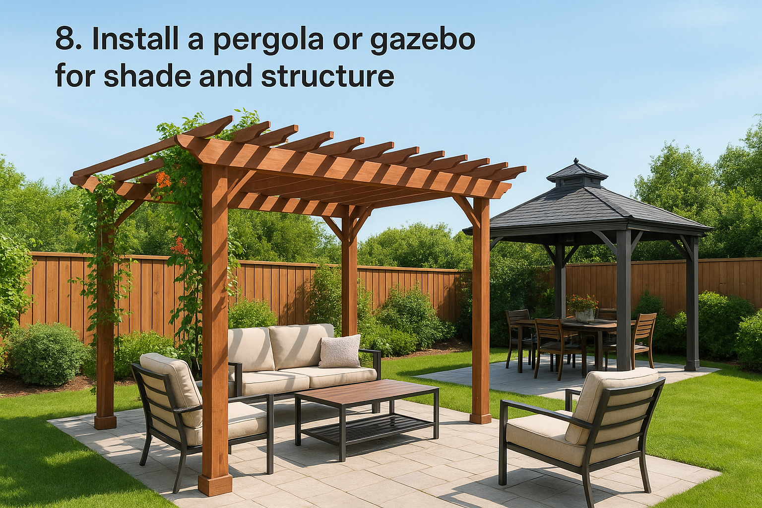 8. Install a pergola or gazebo for shade and structure