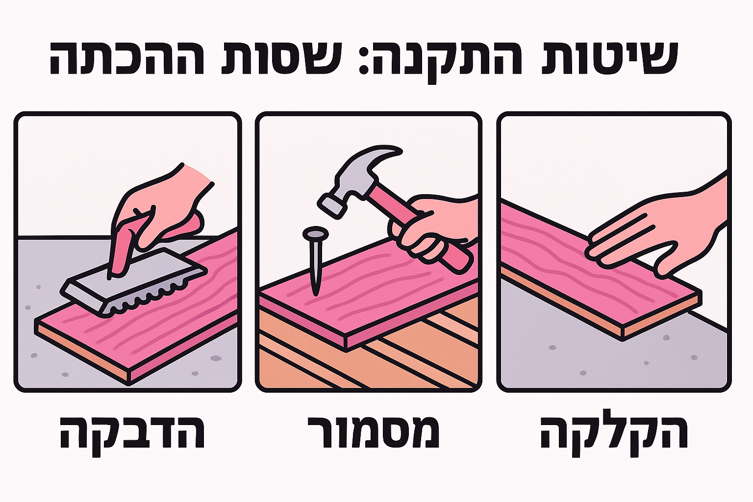 שיטות התקנה: הדבקה, מסמור והקלקה