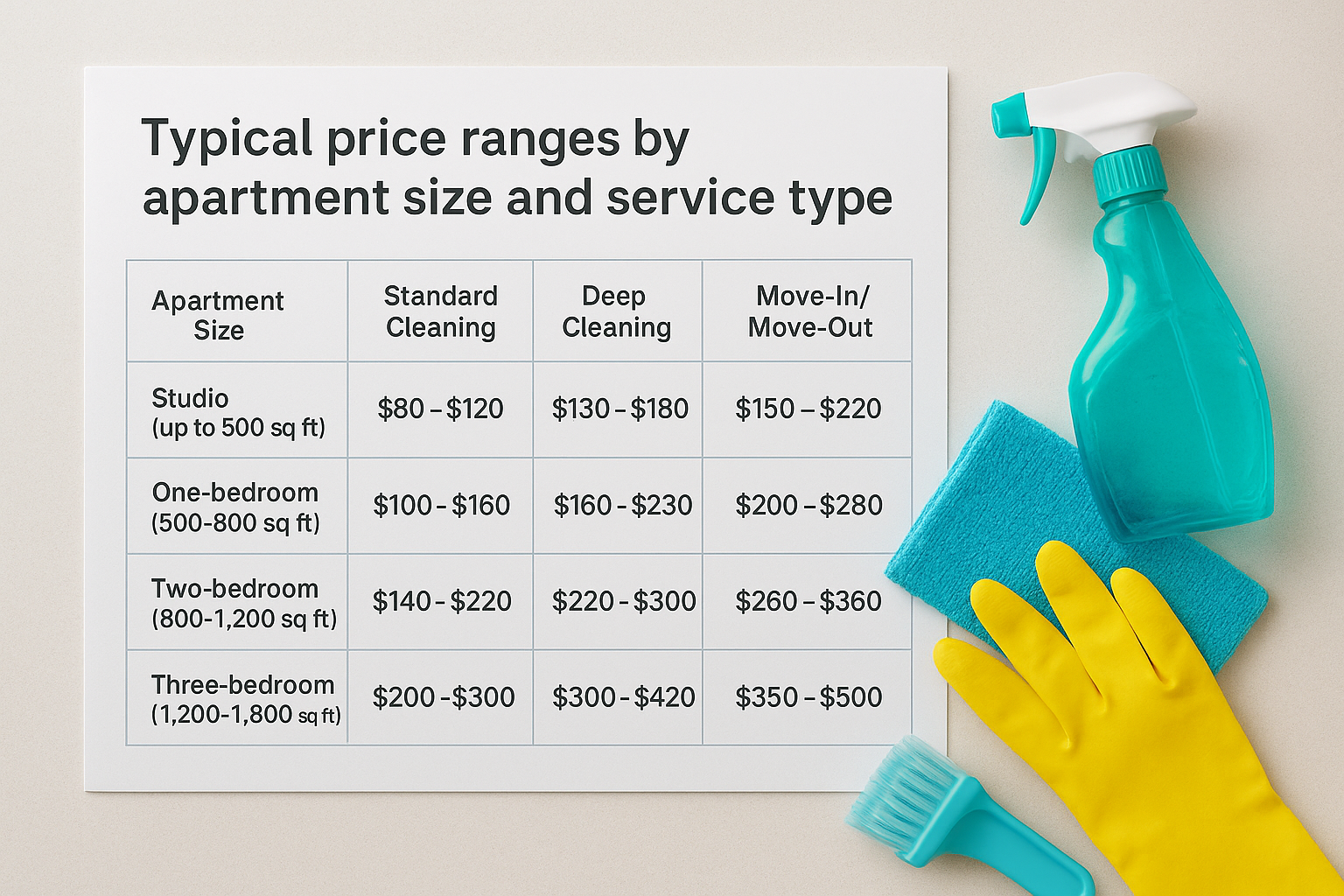 Typical price ranges by apartment size and service type