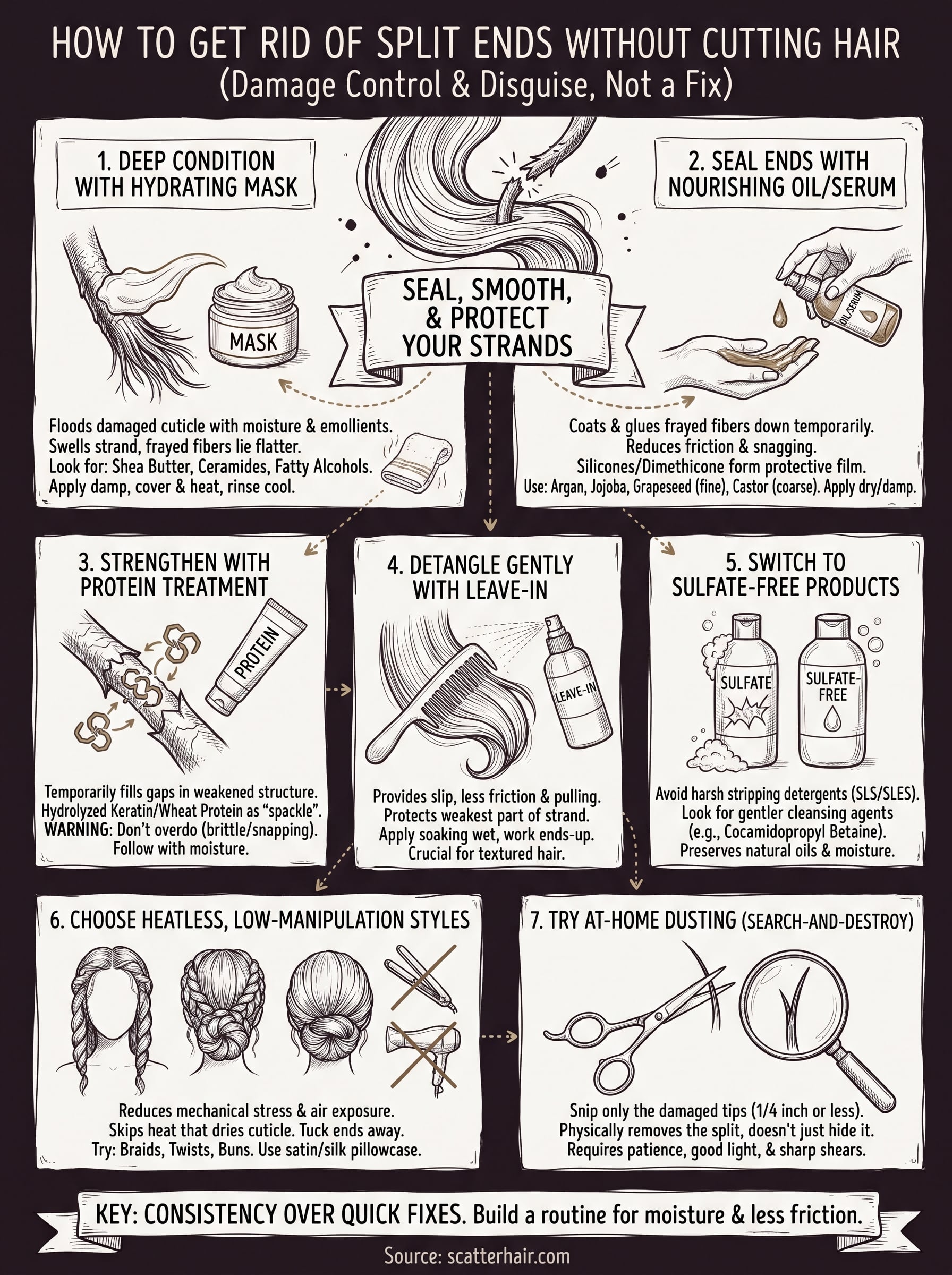 how to get rid of split ends without cutting hair infographic