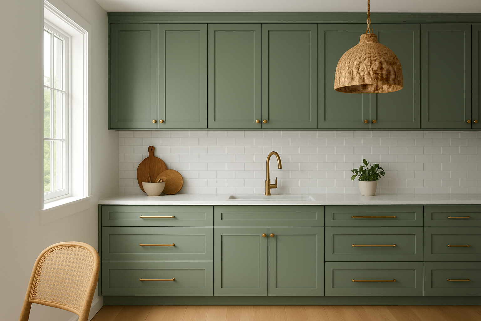 3. Soft sage and smoky green cabinets