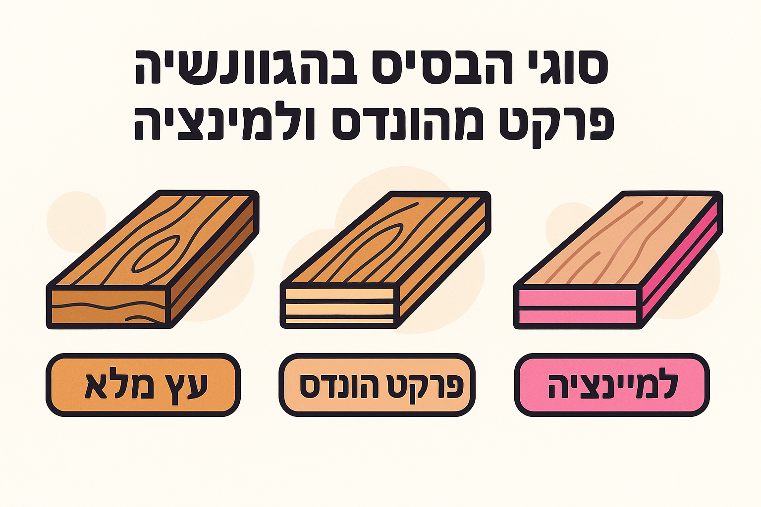 סוגי הבסיס: עץ מלא, פרקט מהונדס ולמינציה