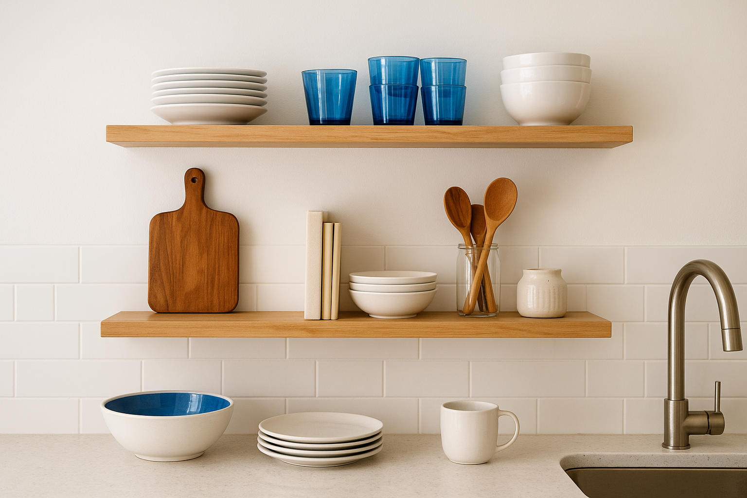 5. Style open kitchen shelves with dishware