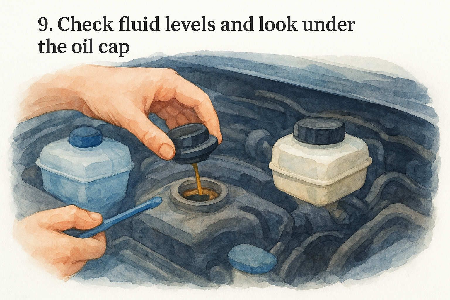 9. Check fluid levels and look under the oil cap