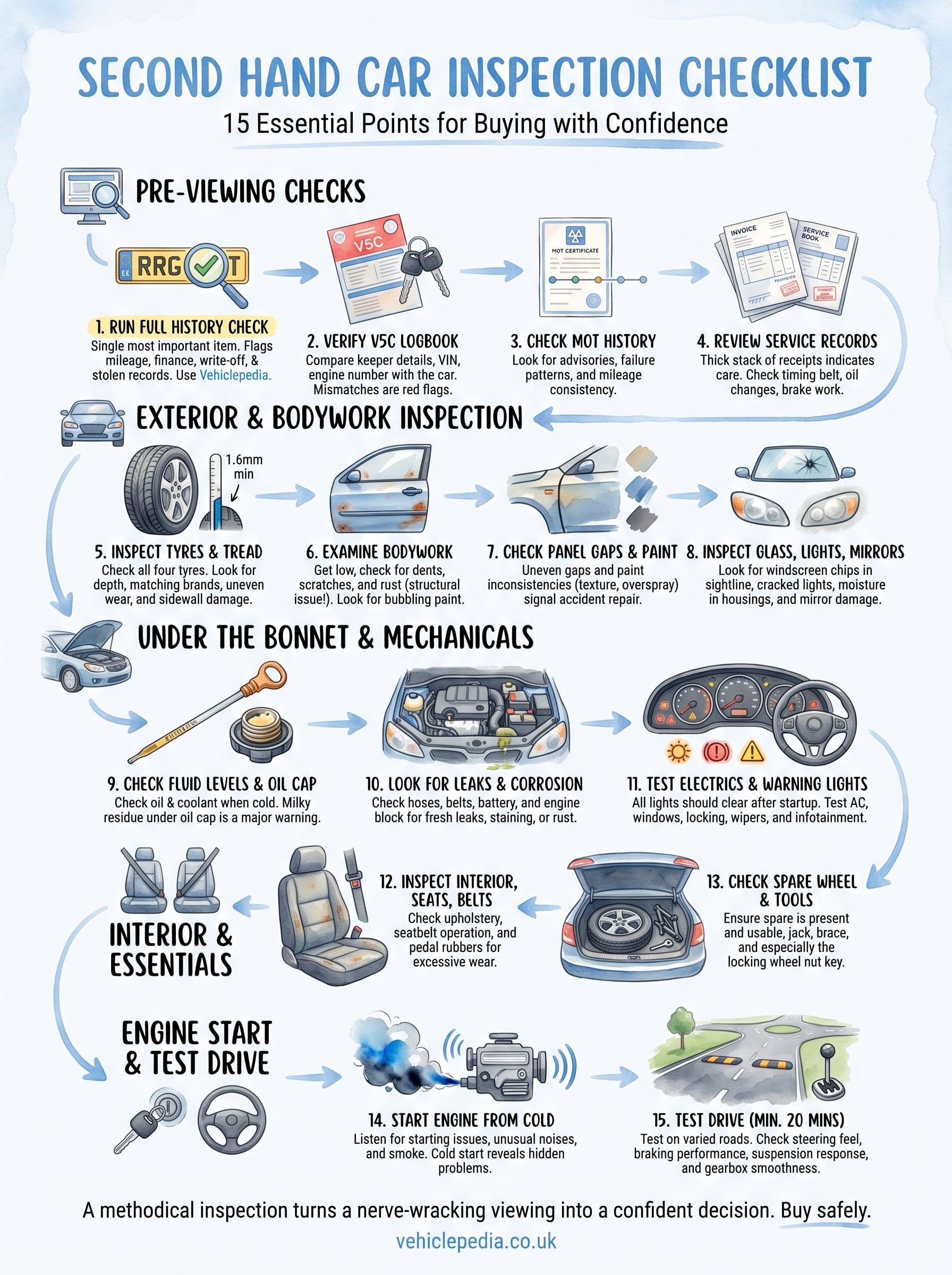 second hand car inspection checklist infographic