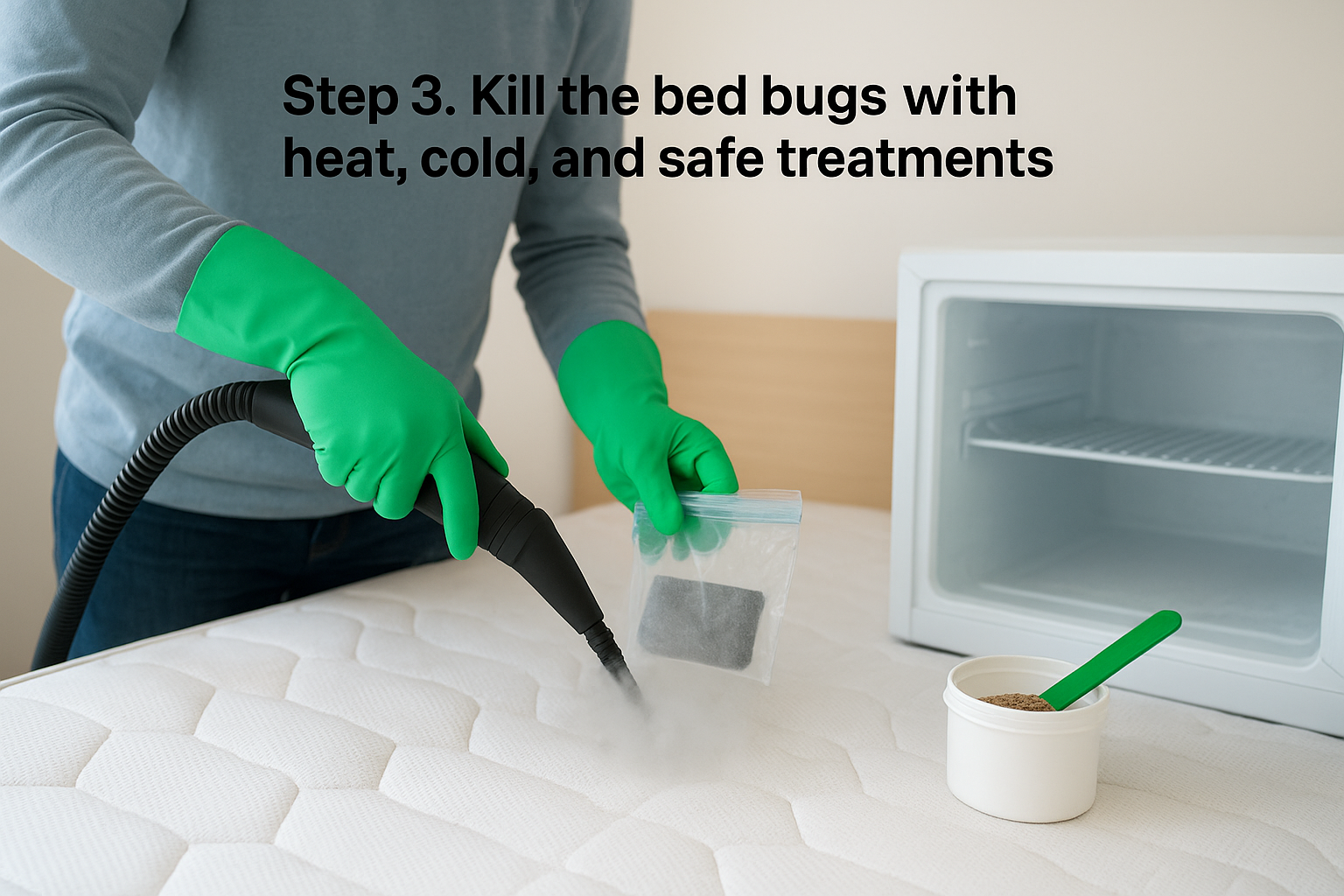 How to Get Rid of Bed Bugs From Your Bed for Good 2 Step 3. Kill the bed bugs with heat, cold, and safe treatments