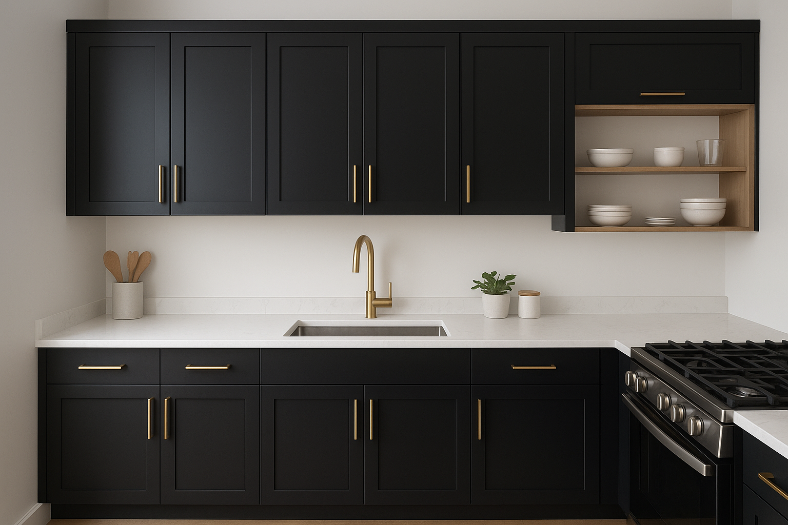 3. Matte black cabinets with brass or gold hardware