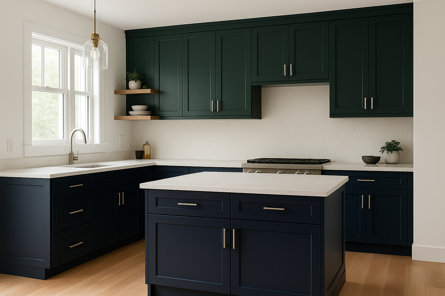 4. Deep navy or forest green cabinetry for a moody feel