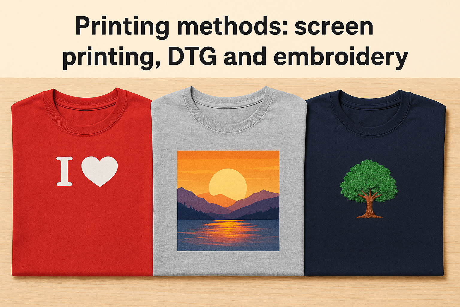 Printing methods: screen printing, DTG and embroidery