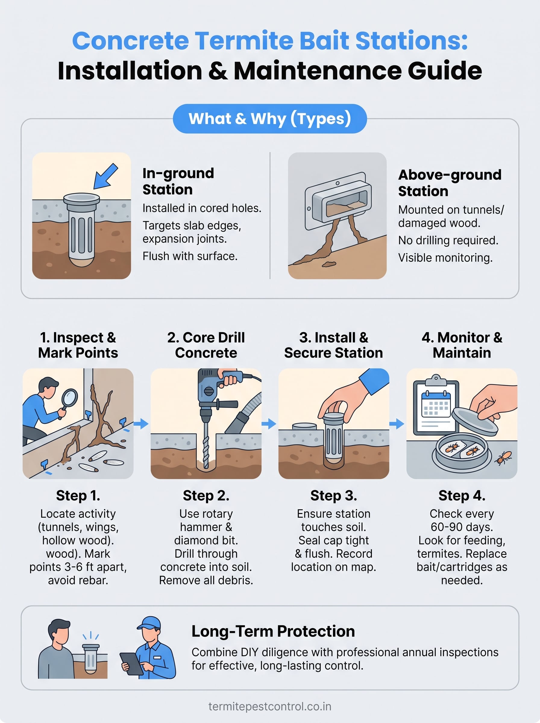 How to Install Termite Bait Stations in Concrete 3 termite bait stations in concrete infographic