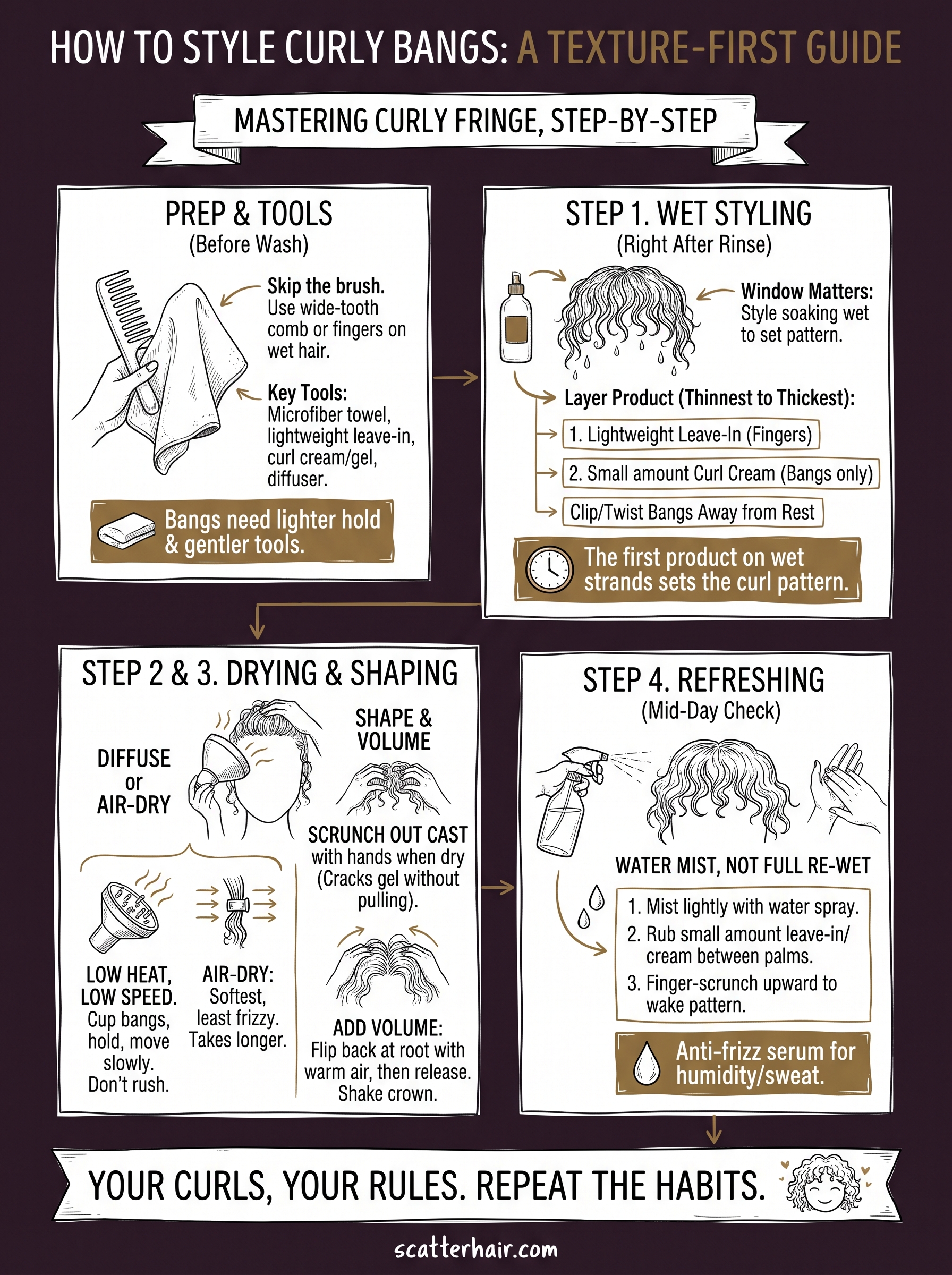 how to style long bangs with curly hair infographic