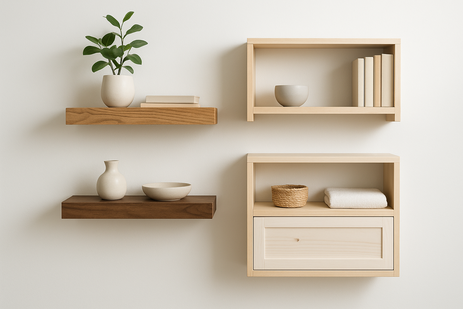 Styles and wood species for wall shelving units