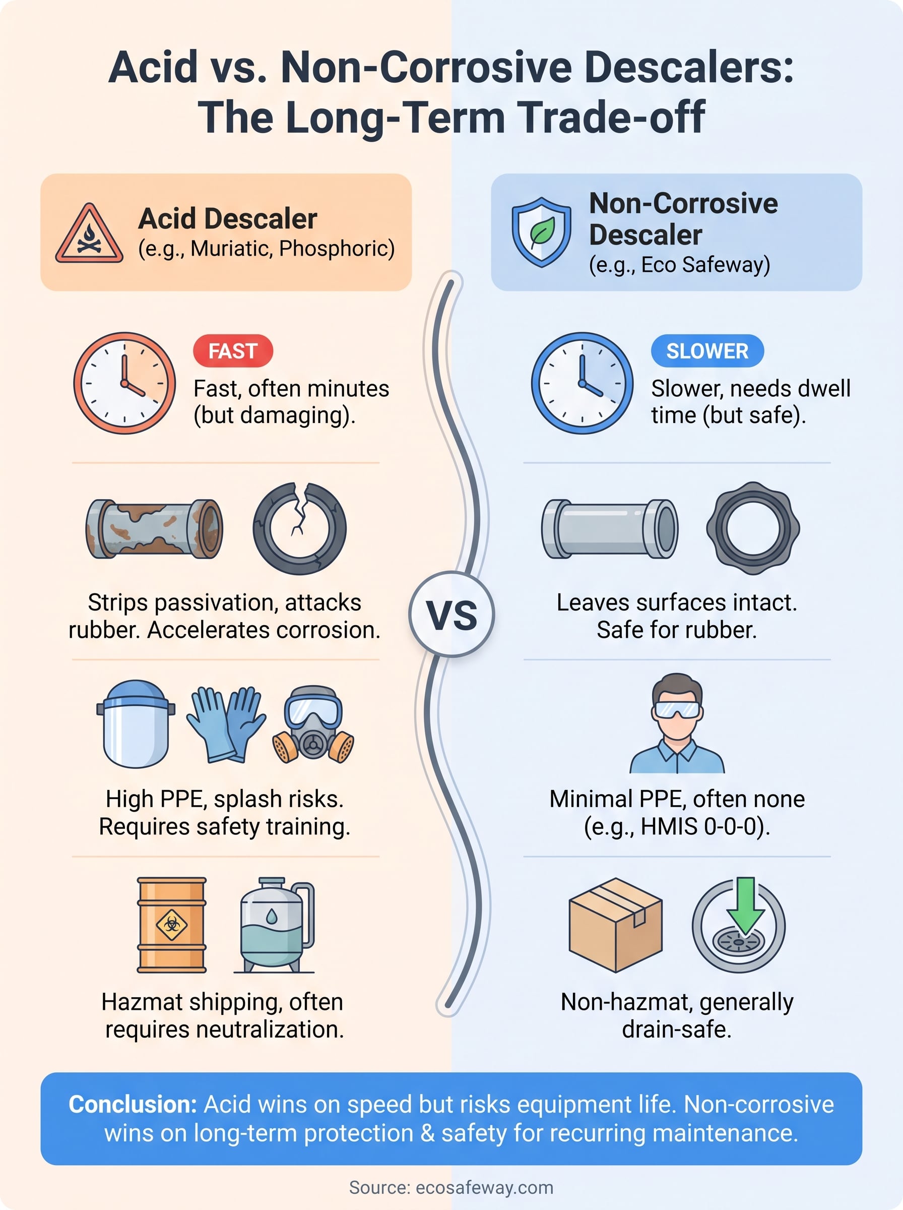 acid vs non-corrosive descaler infographic