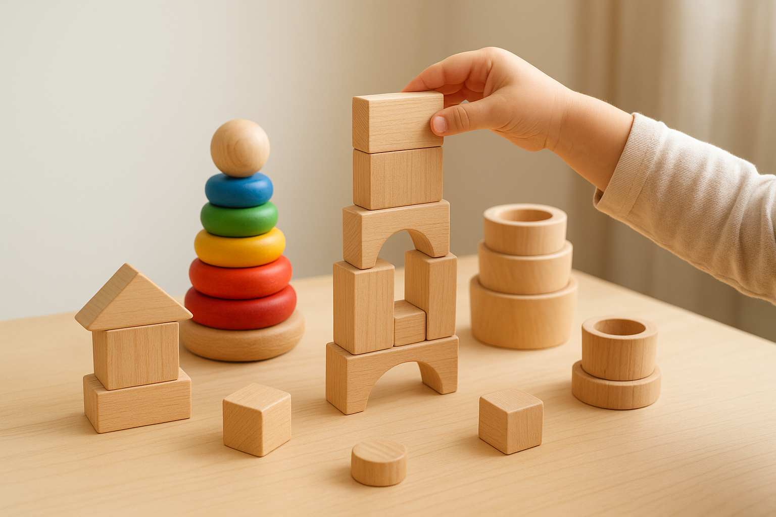 11. Wooden building blocks and stacking toys