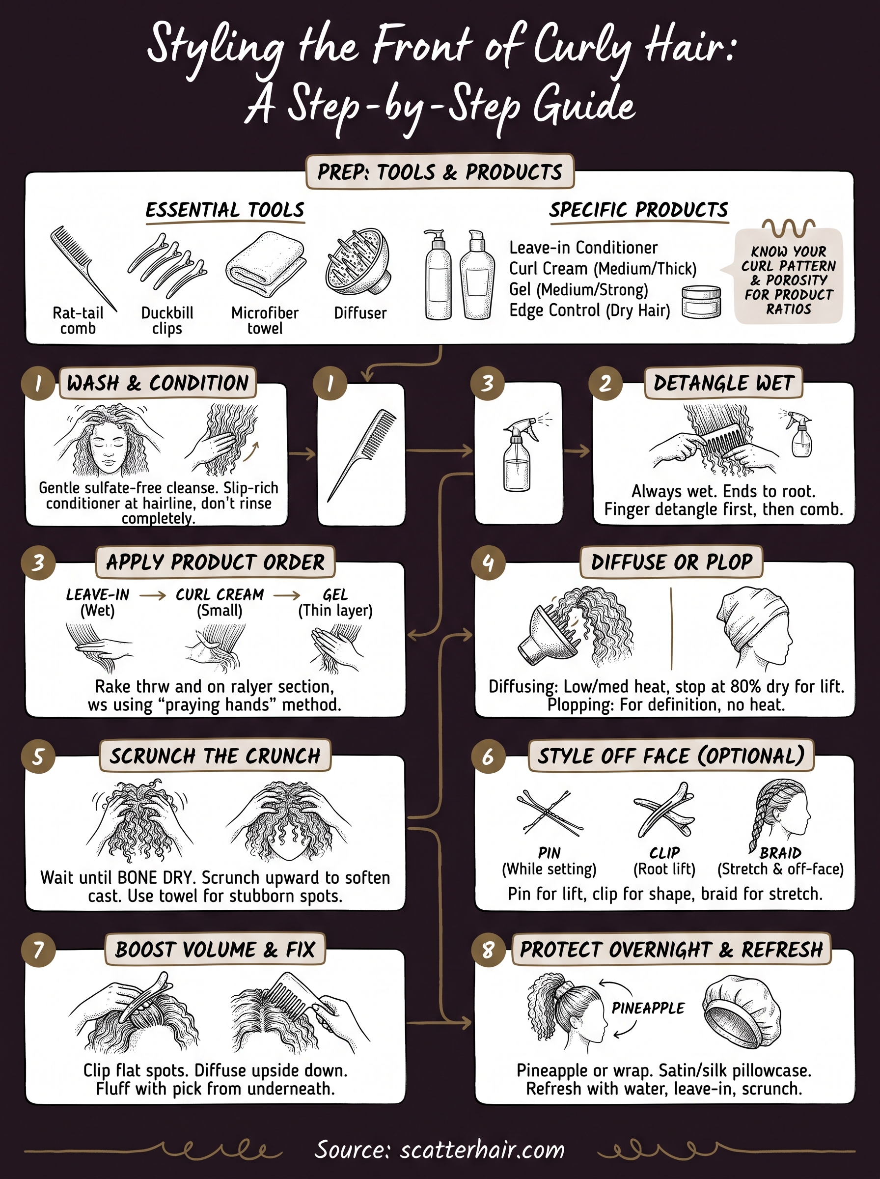 how to style the front of curly hair infographic