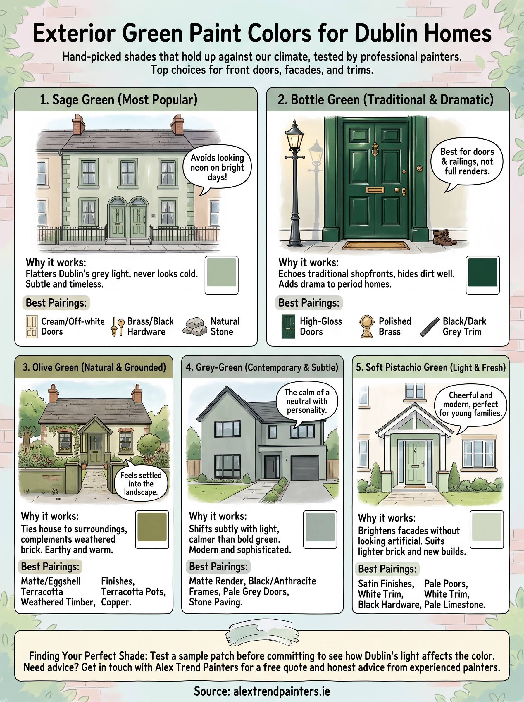 5 Best Green Exterior Paint Colours for Dublin Homes 5 green paint colours exterior infographic