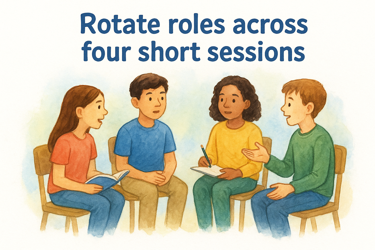 Rotate roles across four short sessions