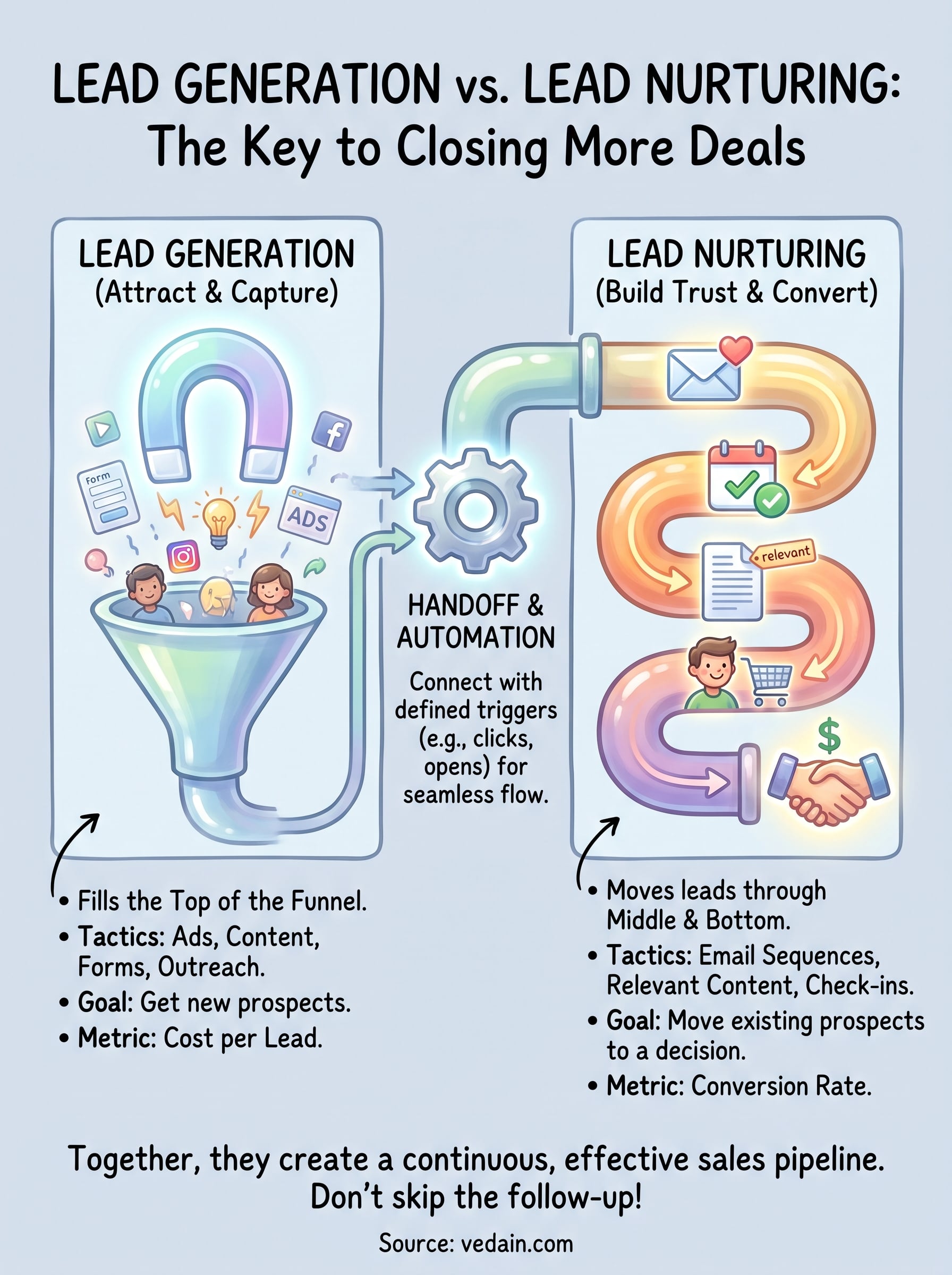 lead nurturing vs lead generation infographic