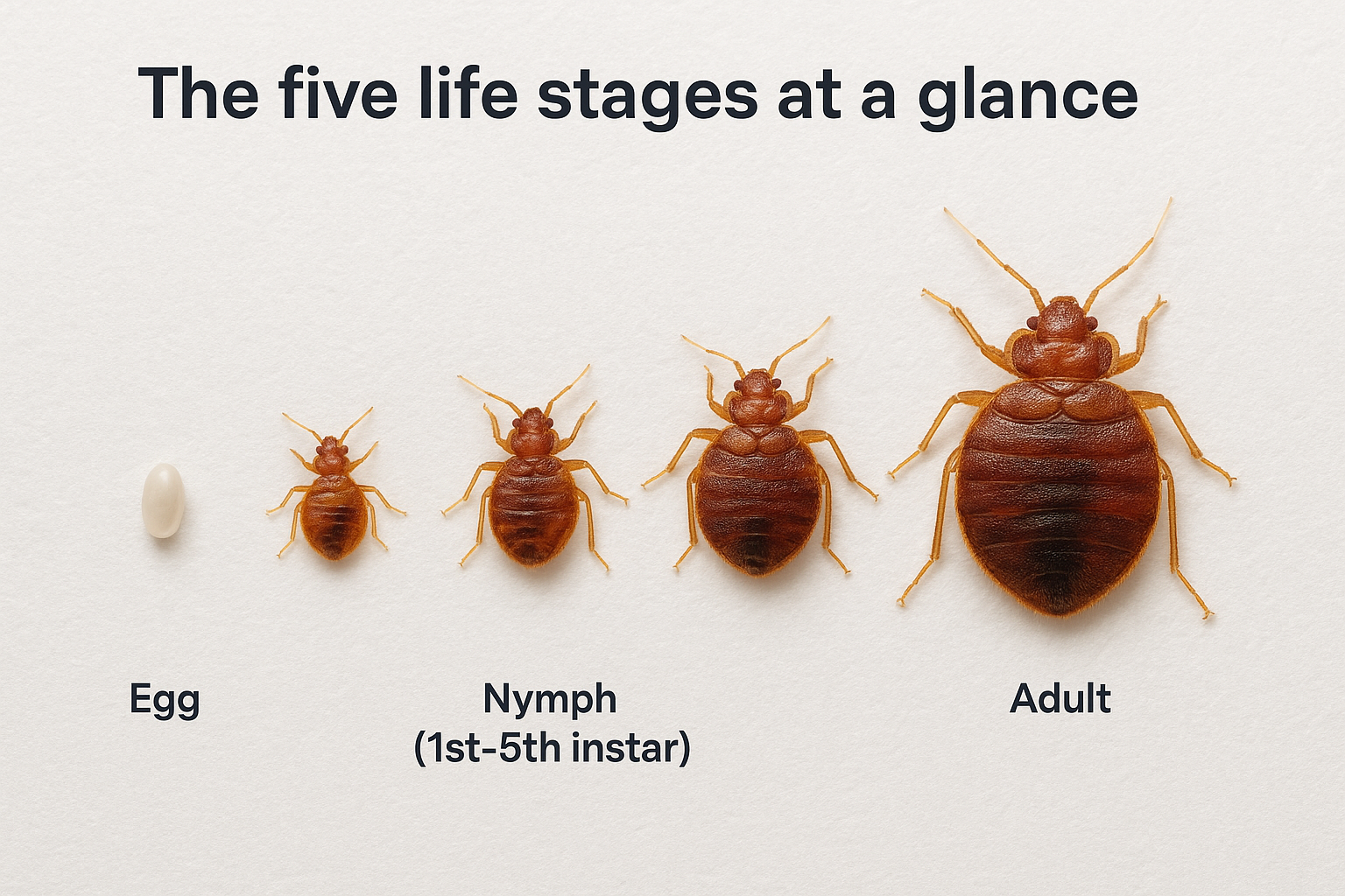 Bed Bug Life Cycle: 6 Stages, Timeline, and Infestation Growth 1 The five life stages at a glance
