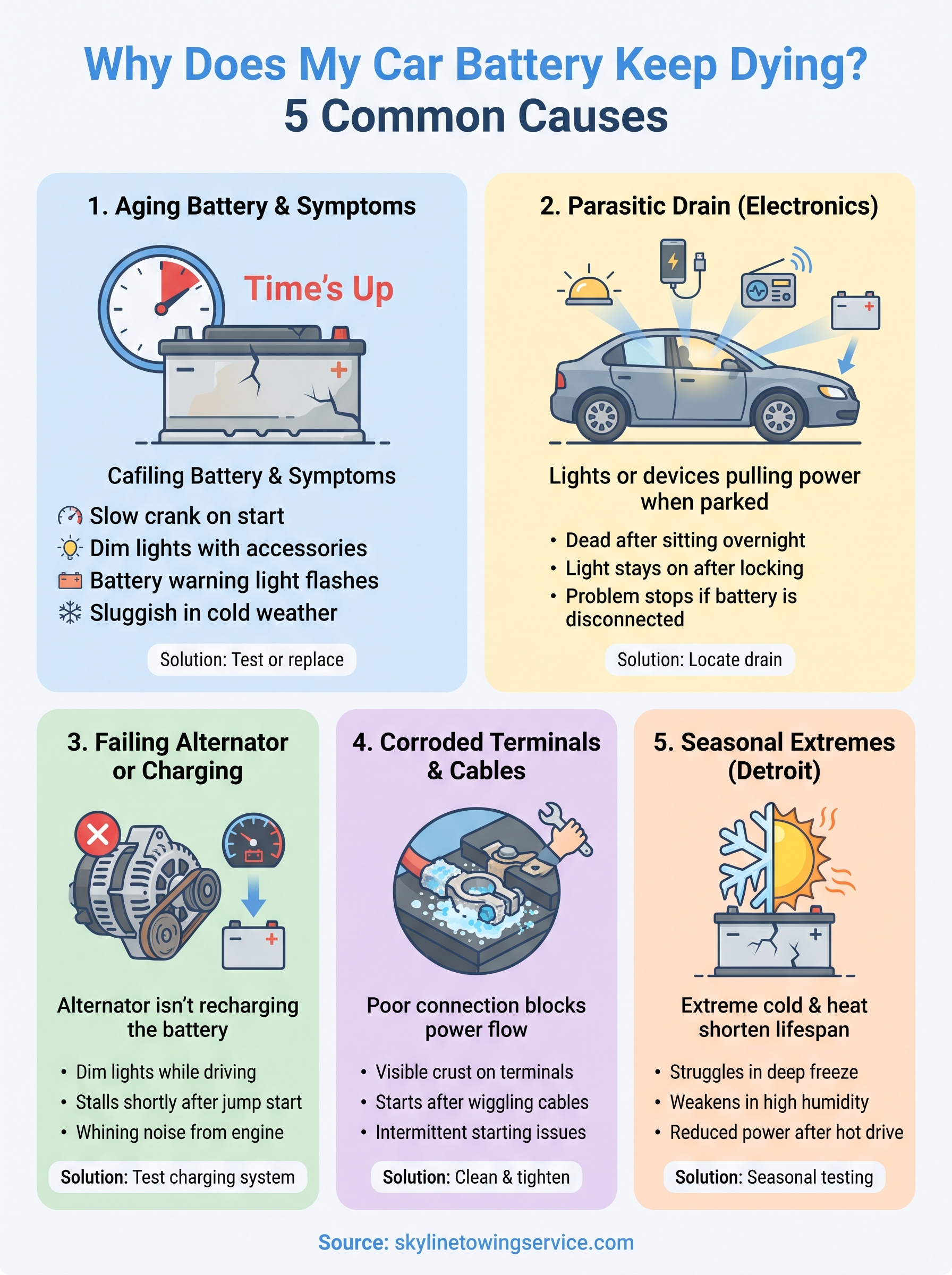 Why Does My Car Battery Keep Dying? 5 Detroit-Area Causes why does my car battery keep dying infographic
