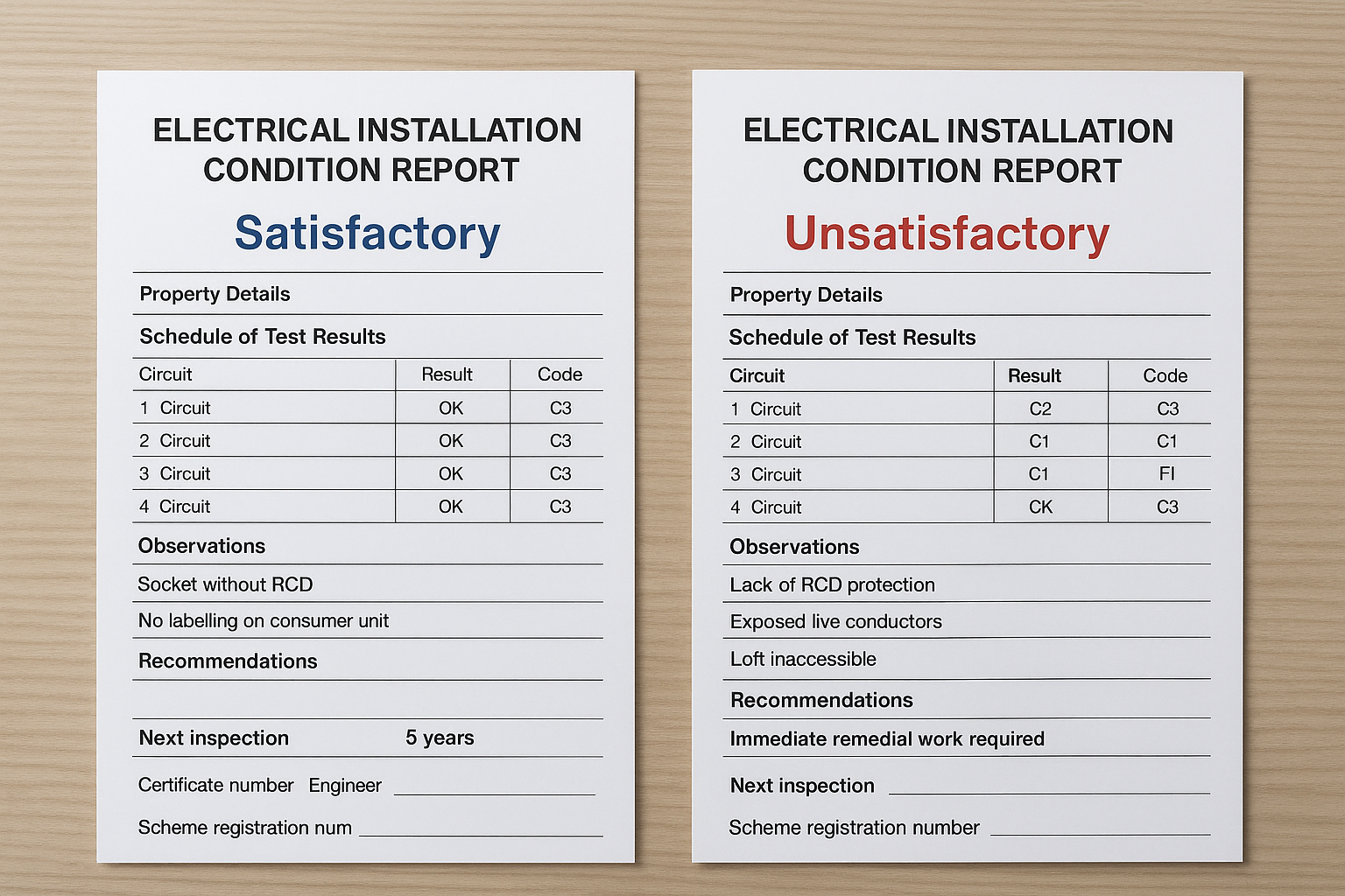 Example EICR reports: satisfactory vs unsatisfactory