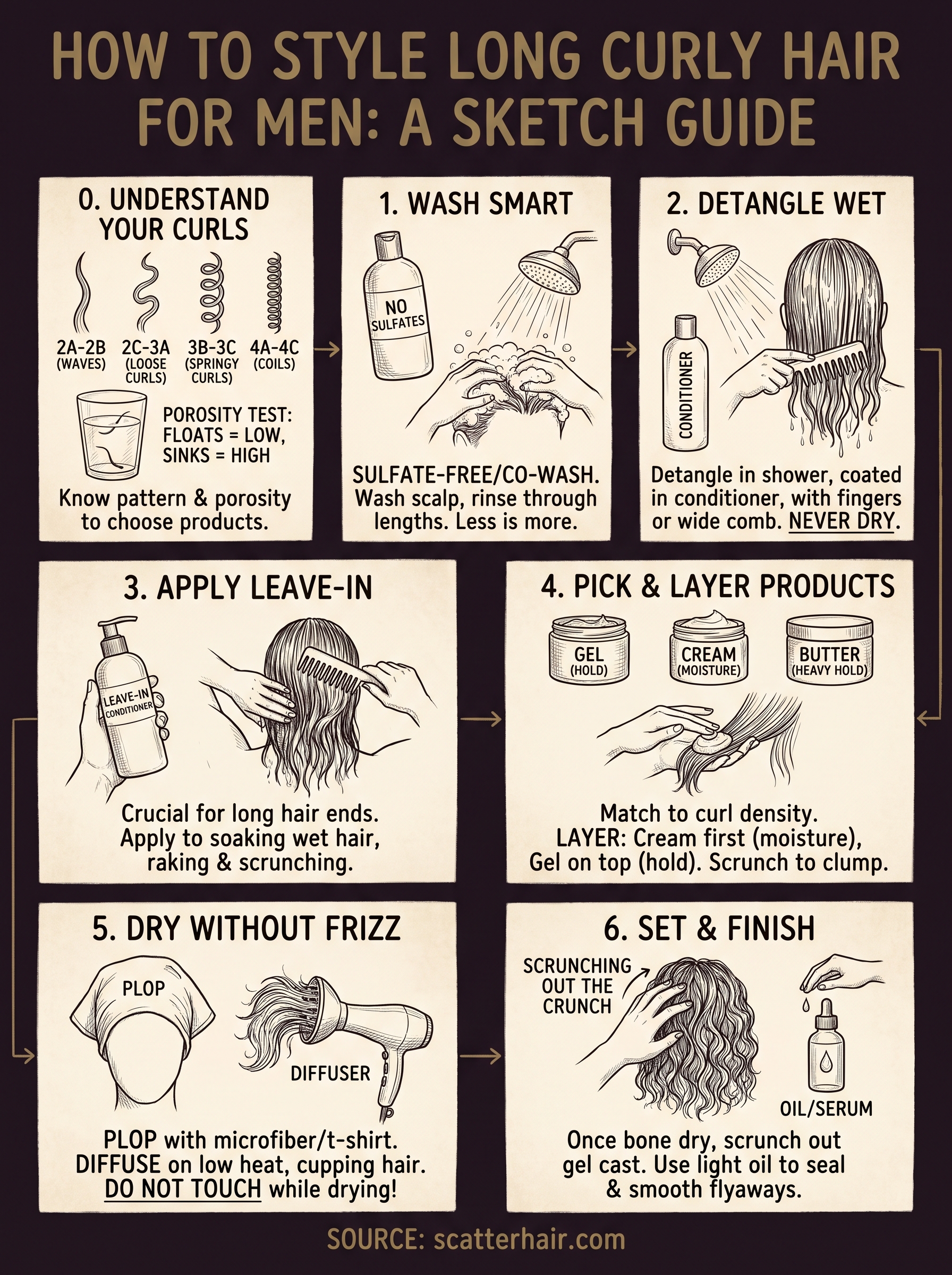 how to style long curly hair man infographic