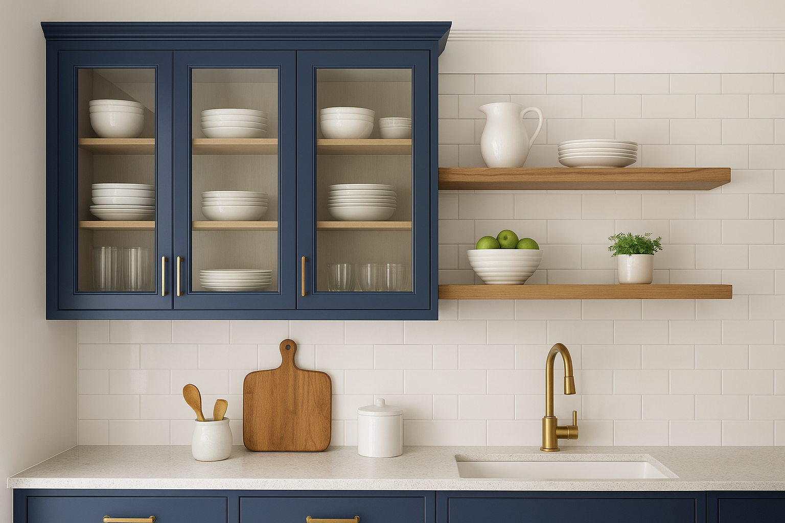 6. Open up your cabinets with glass doors or shelving
