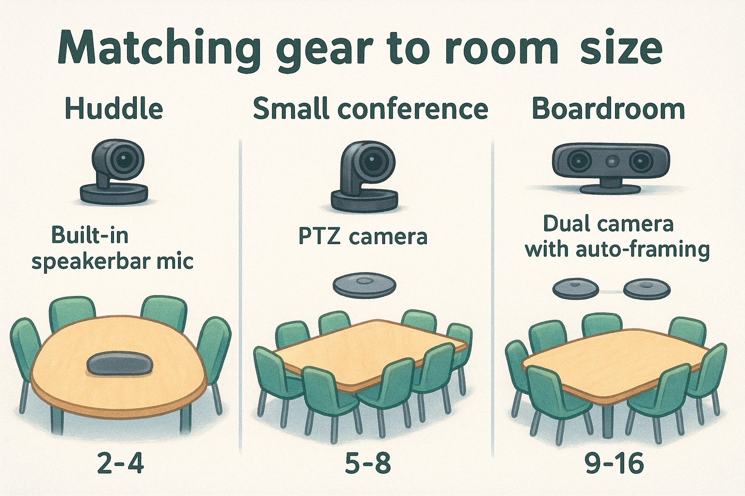 Illustrative Zoom Room equipment examples by room size