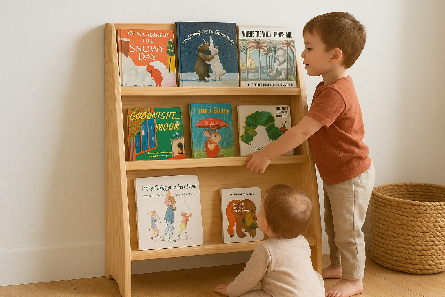 3. Wooden tiered front-facing bookshelf